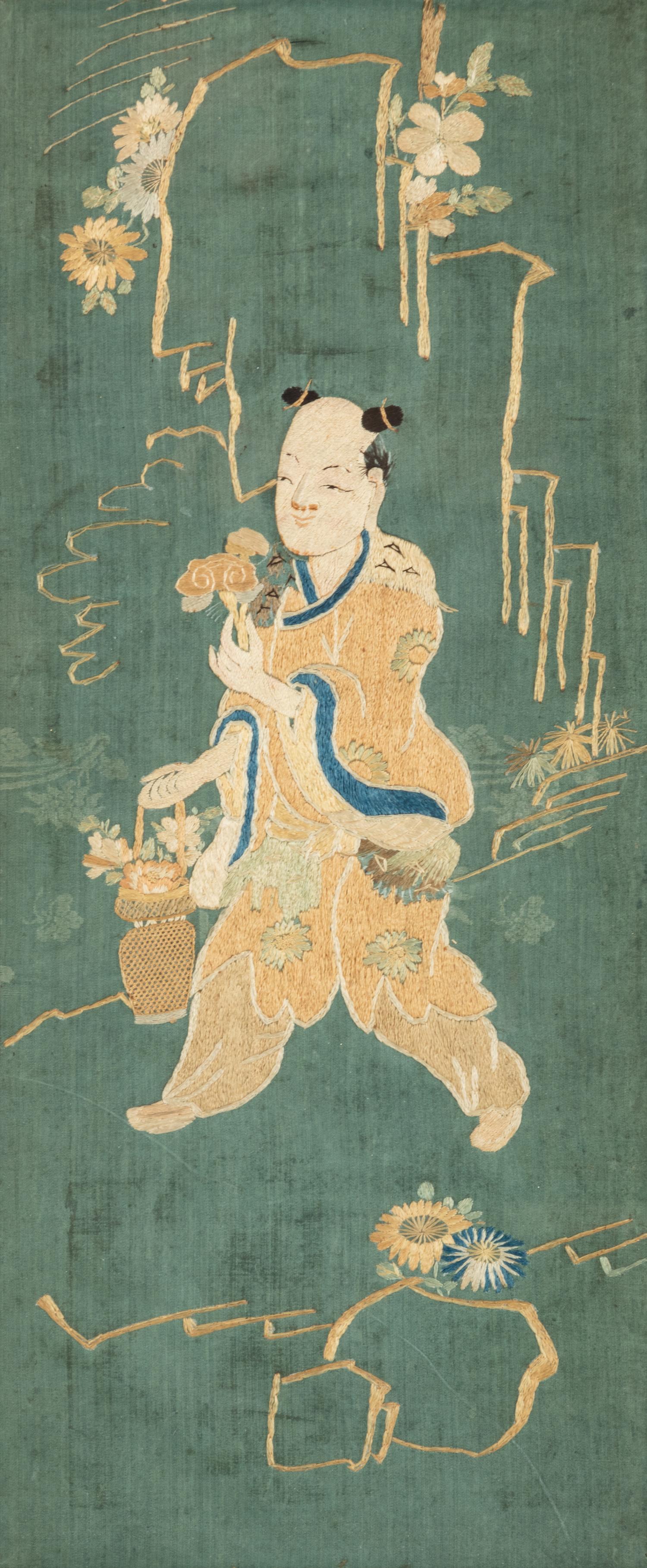 Two Chinese Embroidered and Woven Silk Panels