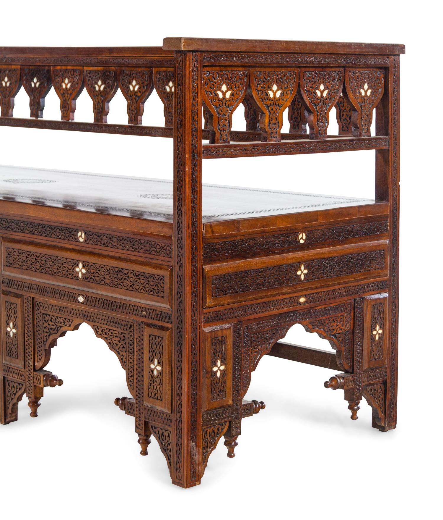 A Syrian Mother-of-Pearl Inlaid Walnut Bench