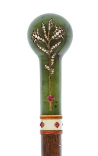 A Continental Diamond and Ruby-Inset Nephrite Handled Walking Stick