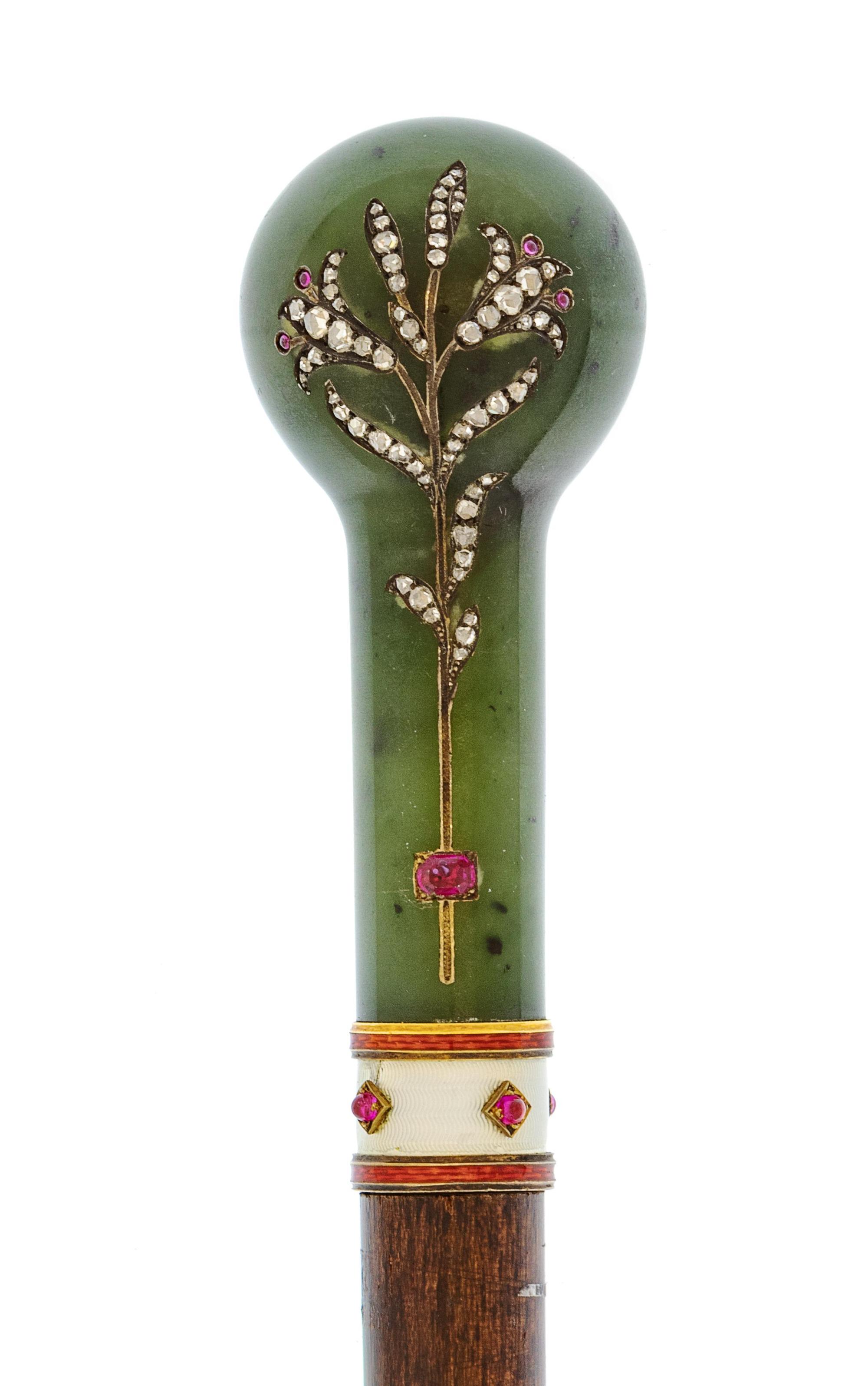 A Continental Diamond and Ruby-Inset Nephrite Handled Walking Stick