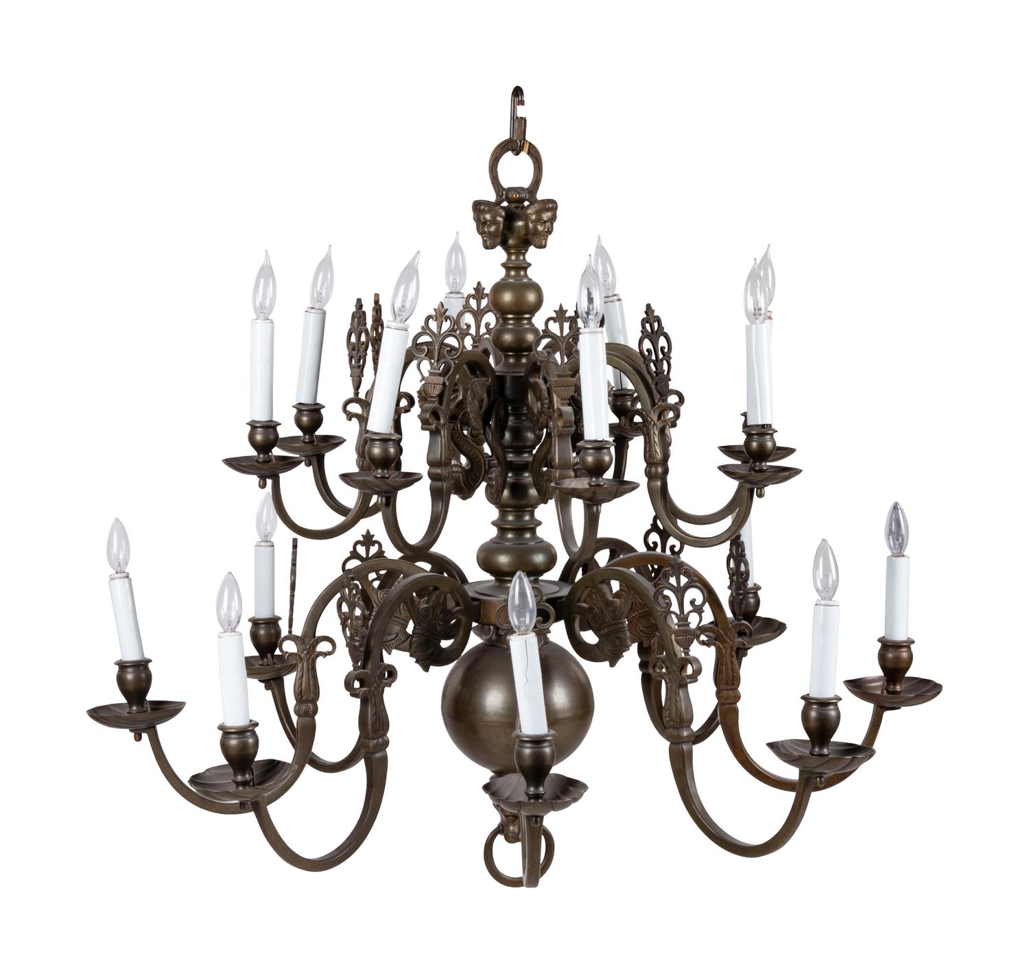A Dutch Baroque Style Brass Sixteen-Light Chandelier