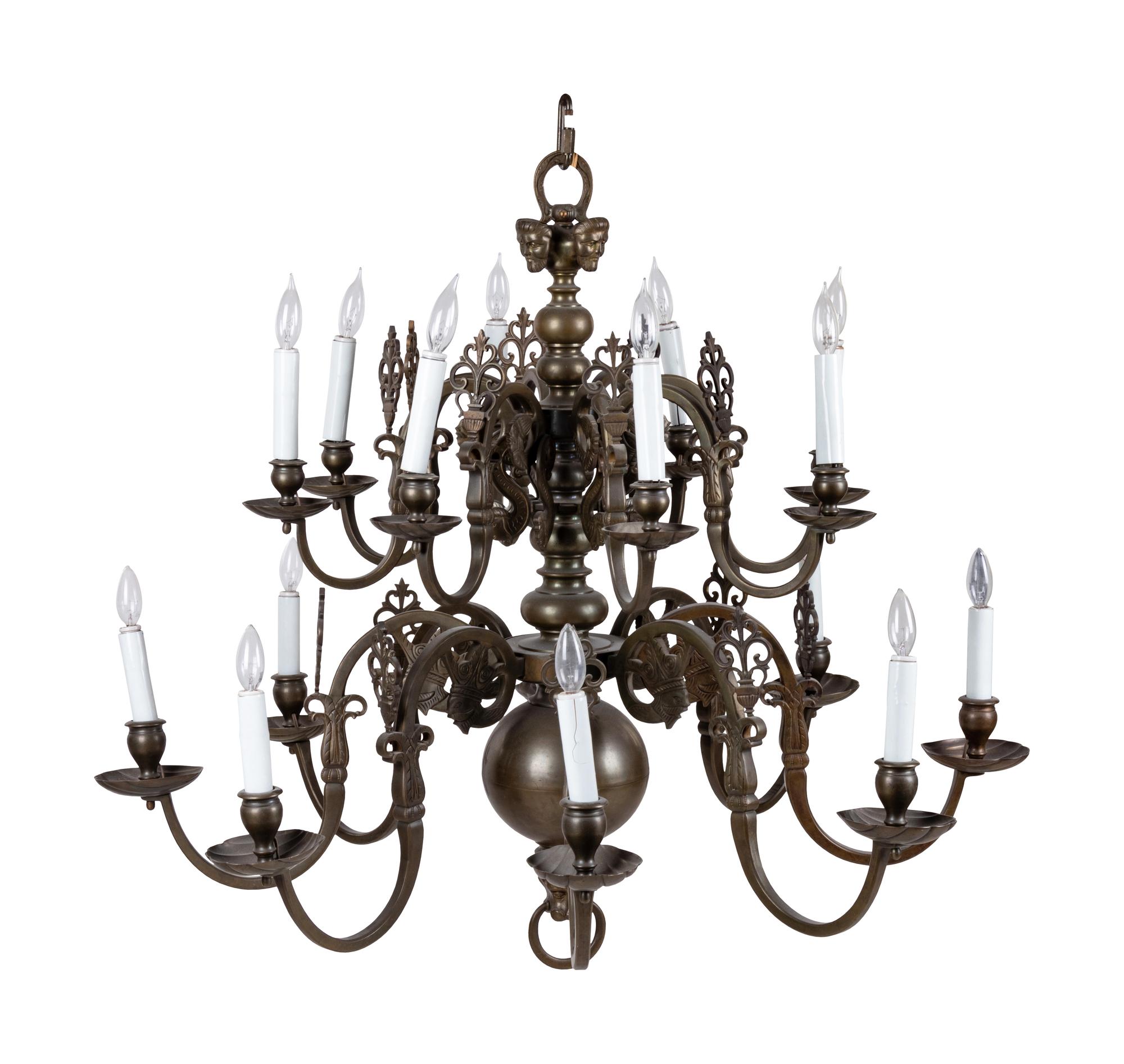 A Dutch Baroque Style Brass Sixteen-Light Chandelier