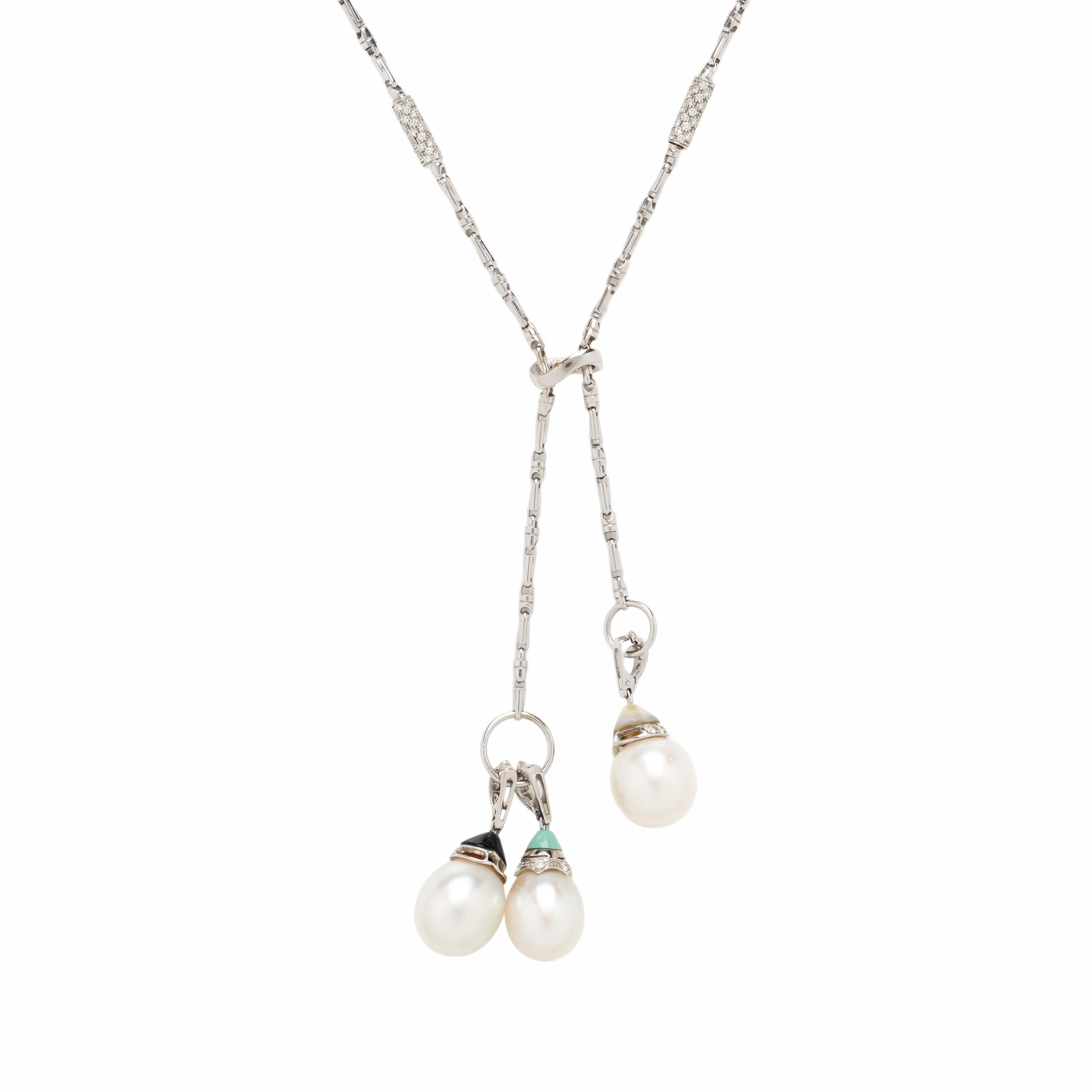 Ellagem, White Gold and Diamond Lariat Necklace with Six Interchangeable Cultured Pearl Drops
