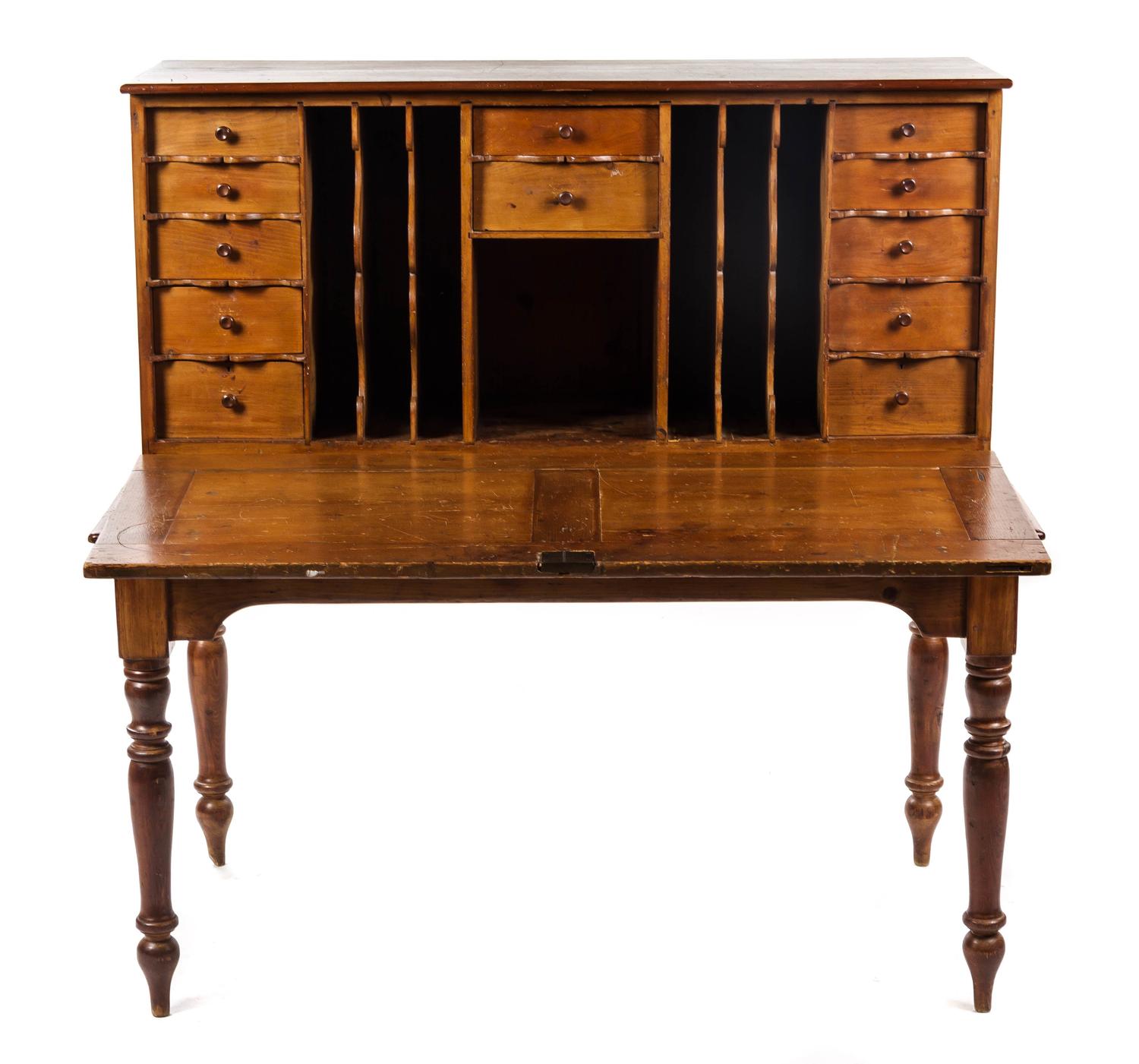 An American Pine Schoolmaster's Desk, MID-19TH CENTURY, Height 50 1/2 x width 48 3/4 x depth 29 1/4 inches. — MID-19TH CENTURY,