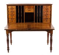 An American Pine Schoolmaster's Desk, MID-19TH CENTURY, Height 50 1/2 x width 48 3/4 x depth 29 1/4 inches. — MID-19TH CENTURY,