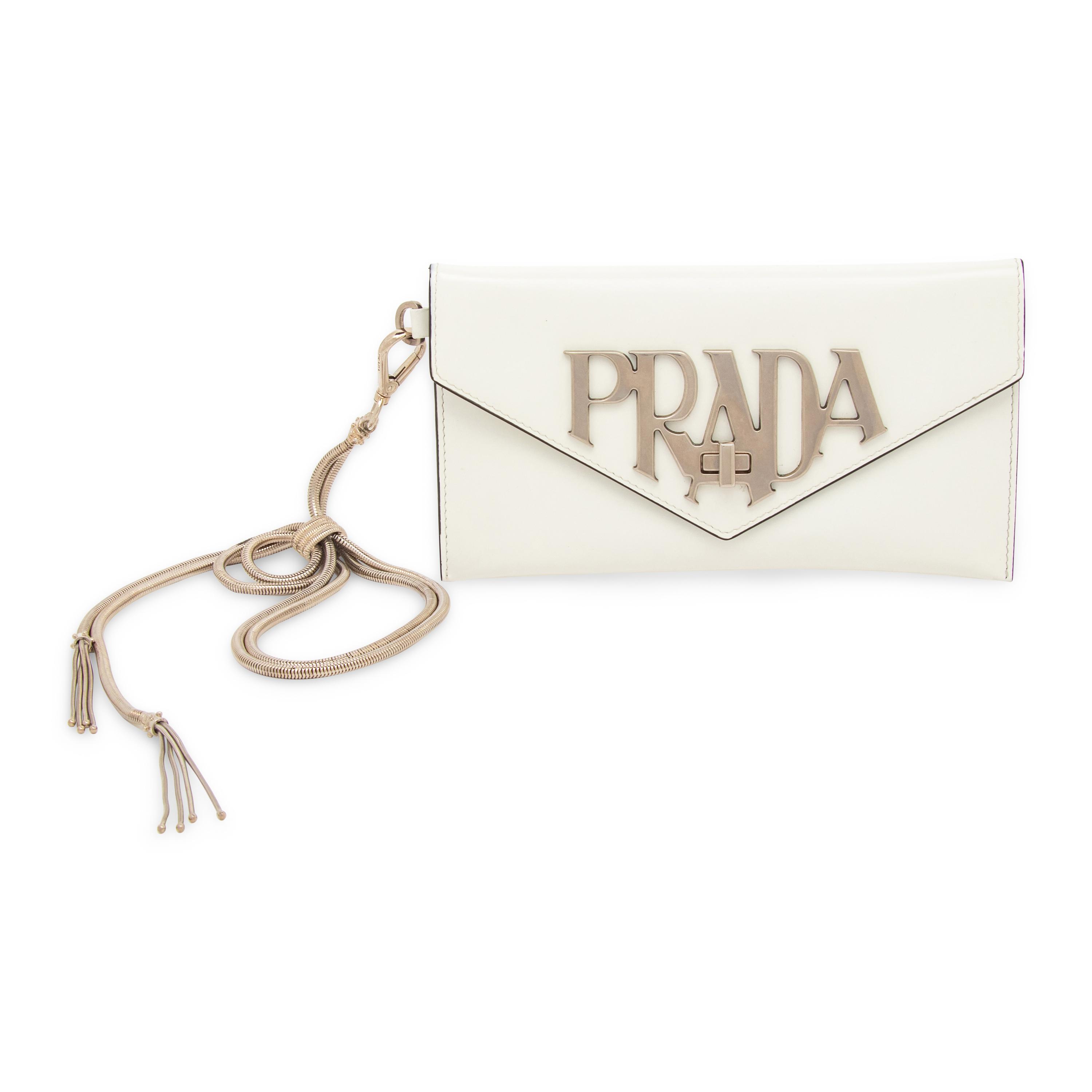 PRADA, WHITE LEATHER WRISTLET CLUTCH