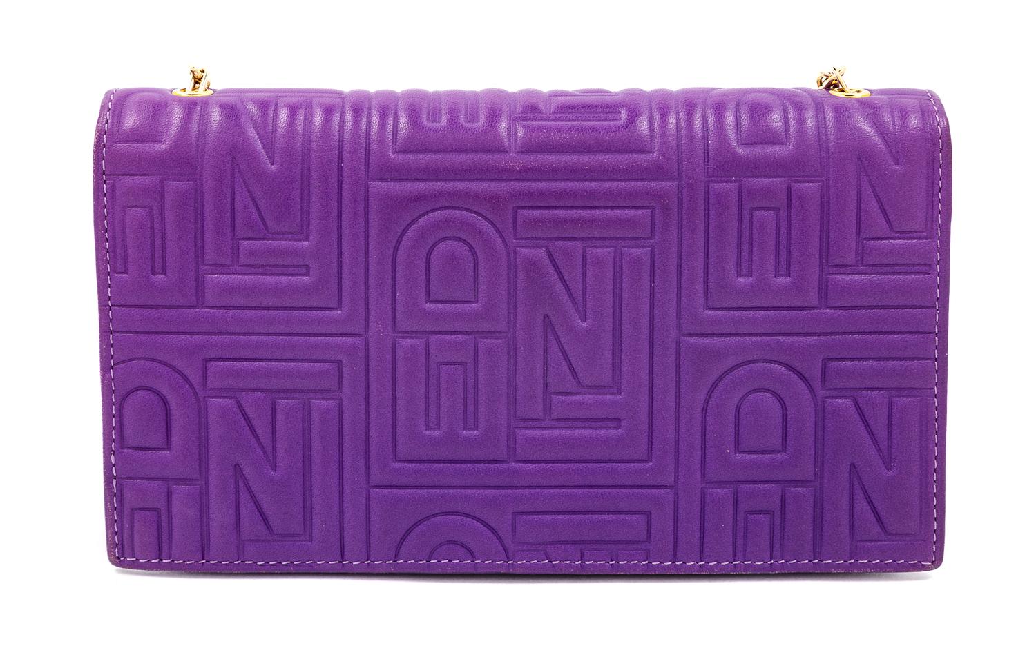 A Fendi Purple Monogram Embossed Leather Wallet/Shoulder Bag, 4" H x 7.5" W x .75" D; Strap drop: 19".