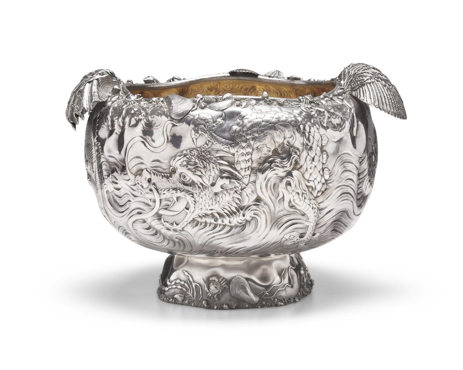 A Rare and Monumental Sterling Silver Japonesque Punch Bowl
