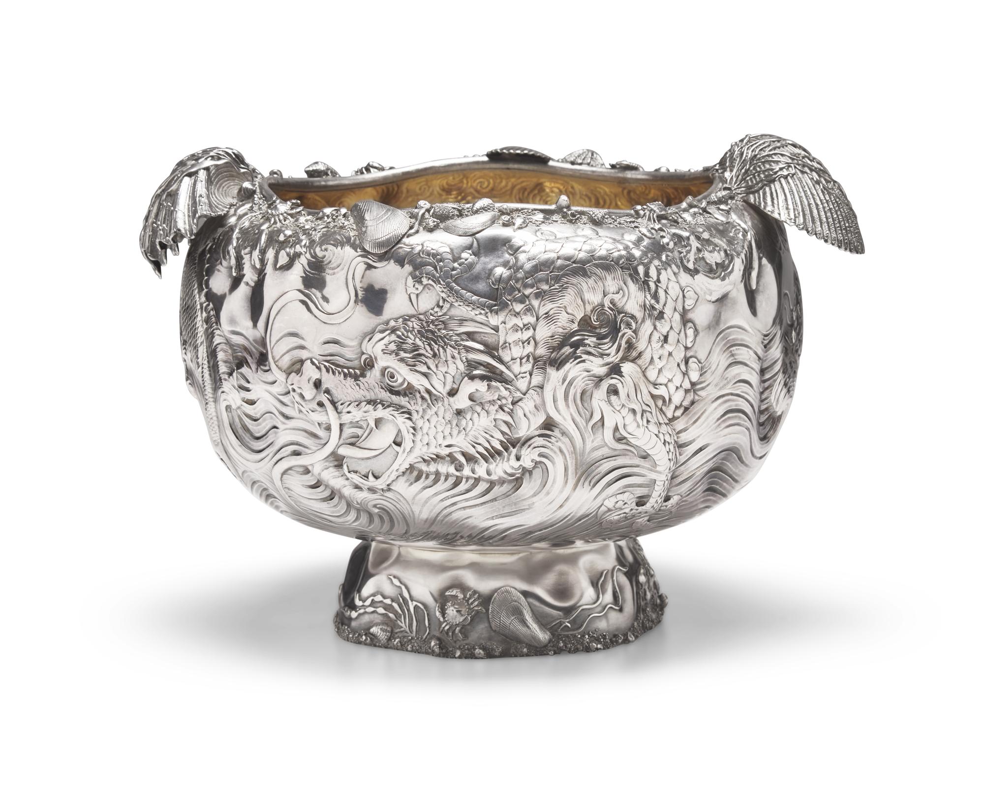 A Rare and Monumental Sterling Silver Japonesque Punch Bowl