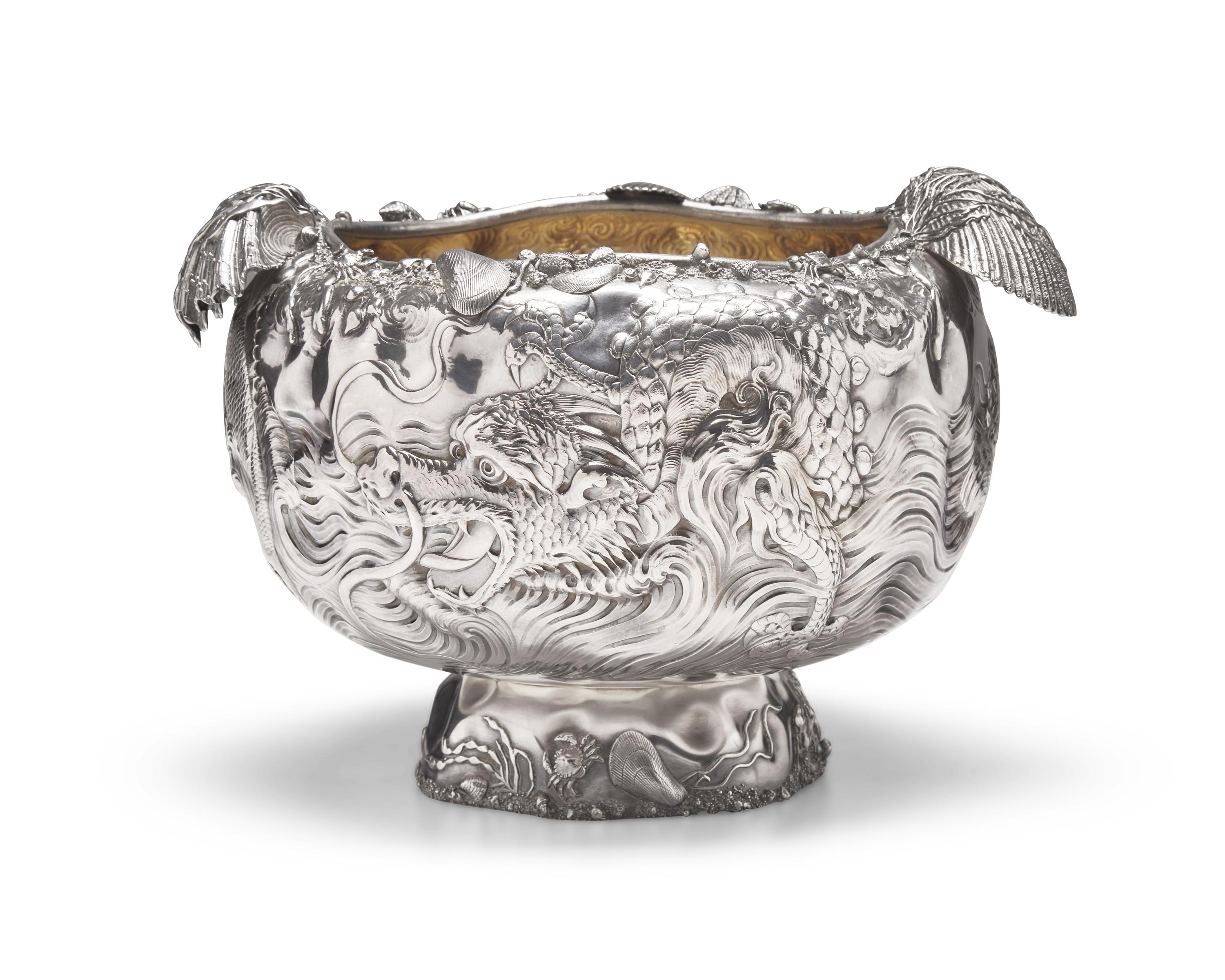 A Rare and Monumental Sterling Silver Japonesque Punch Bowl