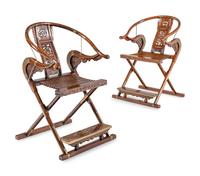 A Pair of Chinese Brass Mounted Hardwood Horseshoe-Back Campaign Chairs