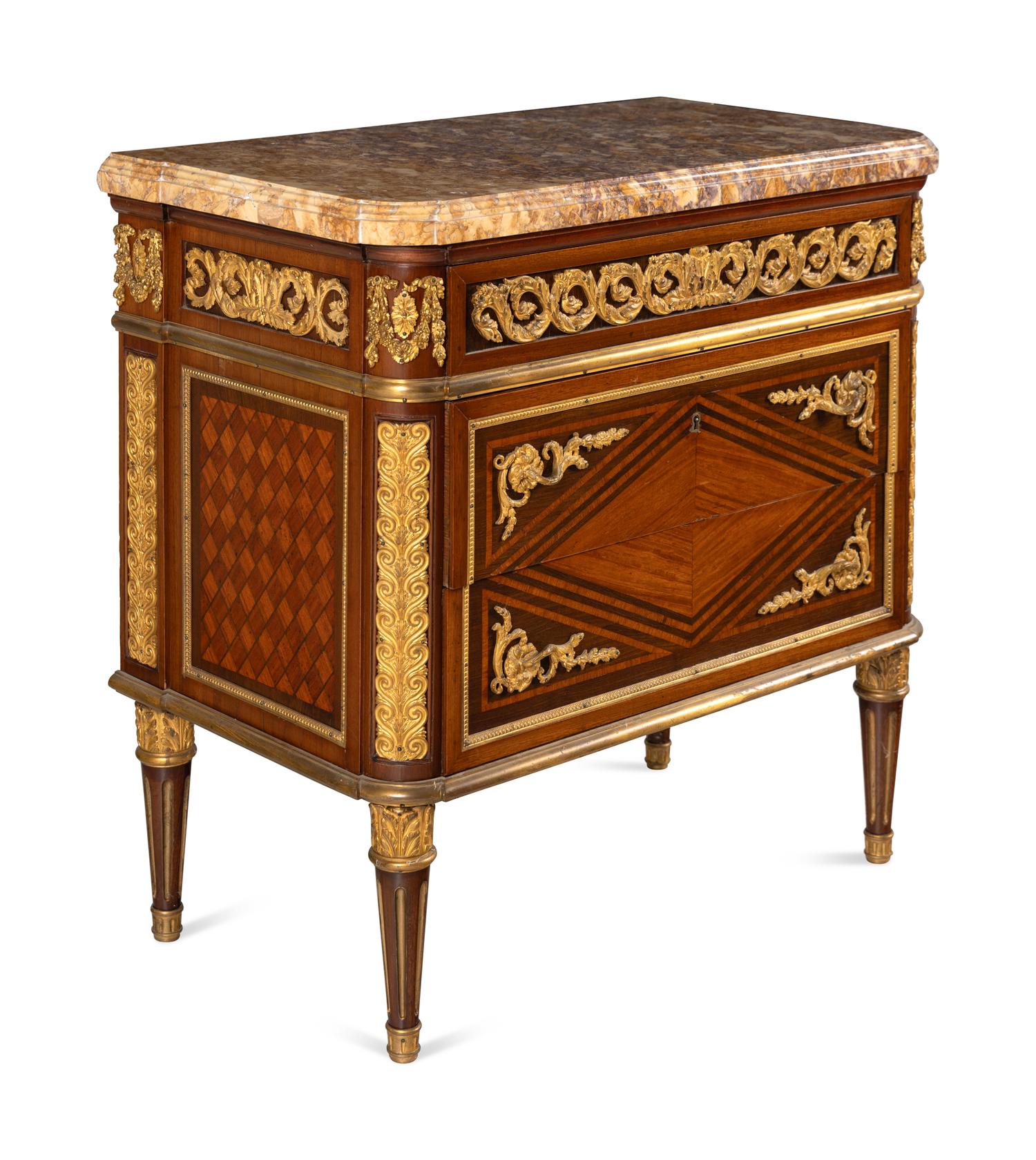 A Louis XVI Style Gilt Bronze Mounted Kingwood, Mahogany and Parquetry Brocatelle Violette d'Espagne Marble-Top Commode