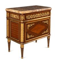A Louis XVI Style Gilt Bronze Mounted Kingwood, Mahogany and Parquetry Brocatelle Violette d'Espagne Marble-Top Commode