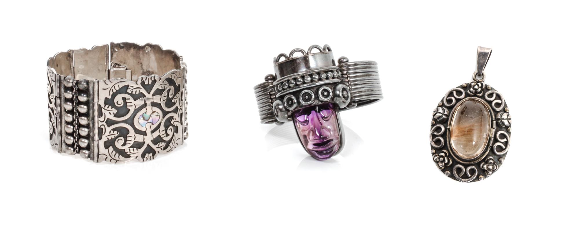 A Group of Mexican Silver Jewelry, Talleres de Ballesteros Length of first bracelet: 7 inches.