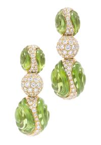 A Pair of 18 Karat Yellow Gold, Peridot and Diamond Earclips, Italian, 19.20 dwts.