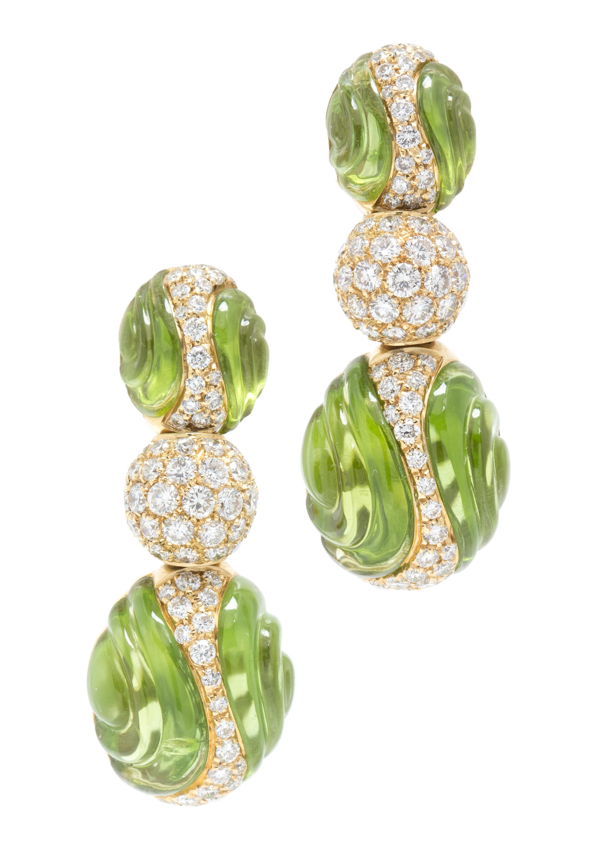 A Pair of 18 Karat Yellow Gold, Peridot and Diamond Earclips, Italian, 19.20 dwts.