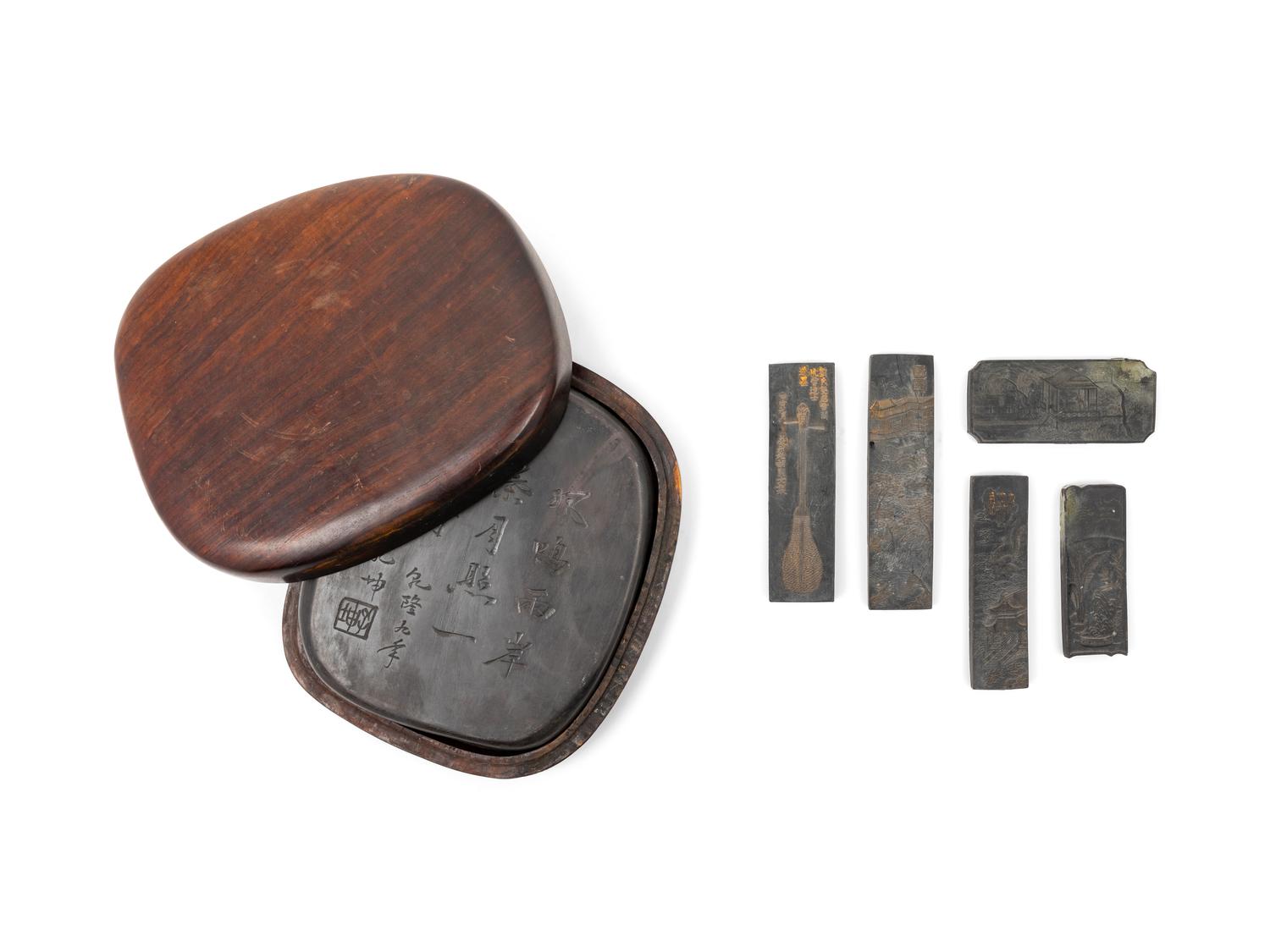 A Set of Five Chinese Inkcakes and One Inkstone Set