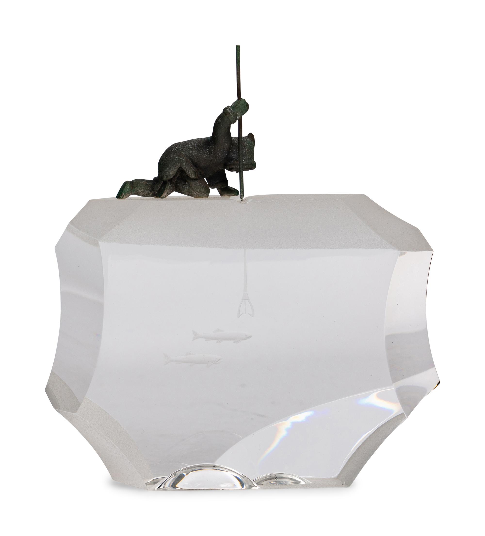 A Steuben Engraved Glass and Silver Arctic Fisherman Sculpture