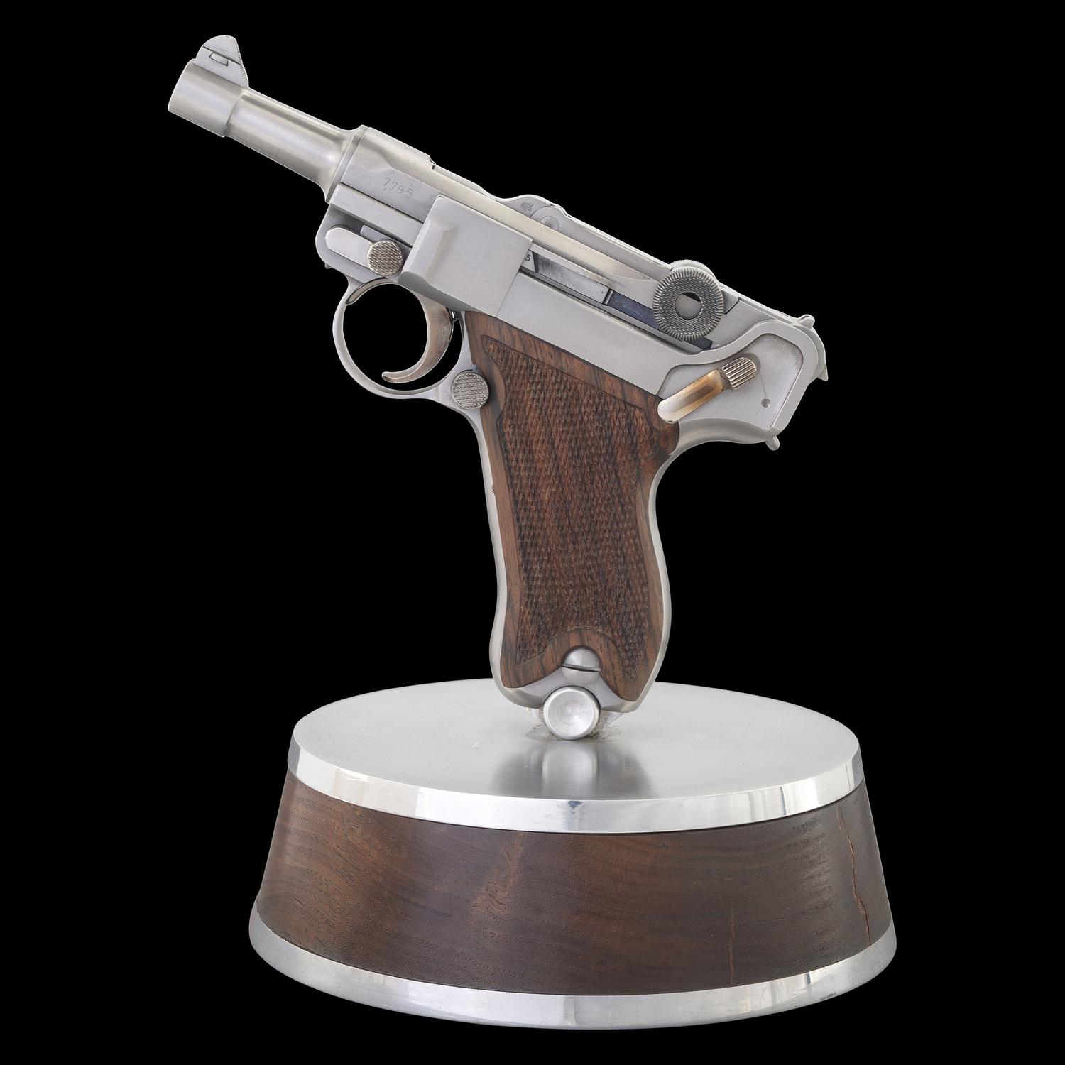 *Bright Finished John Martz Custom Baby Luger 9mm with Matching Stand