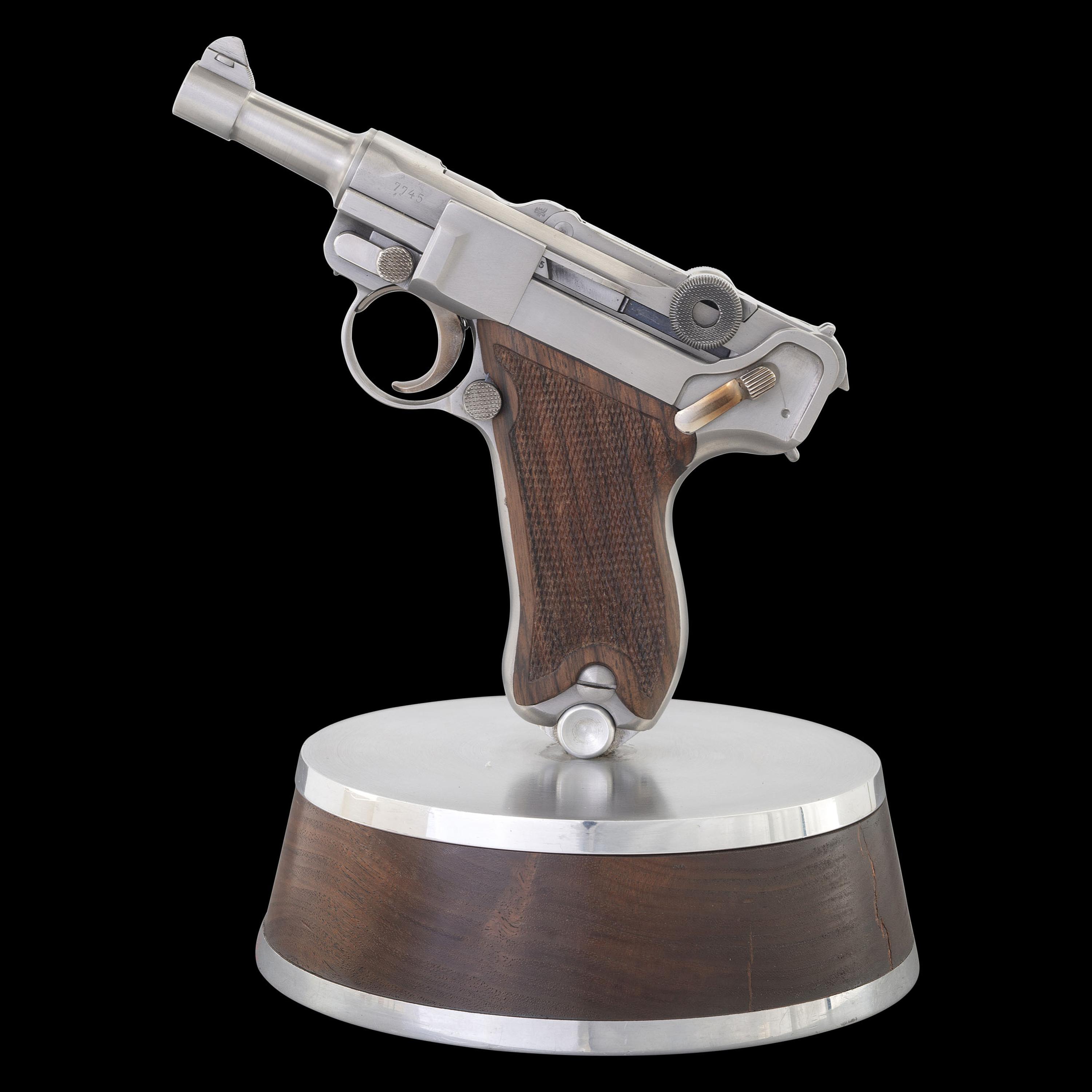 *Bright Finished John Martz Custom Baby Luger 9mm with Matching Stand