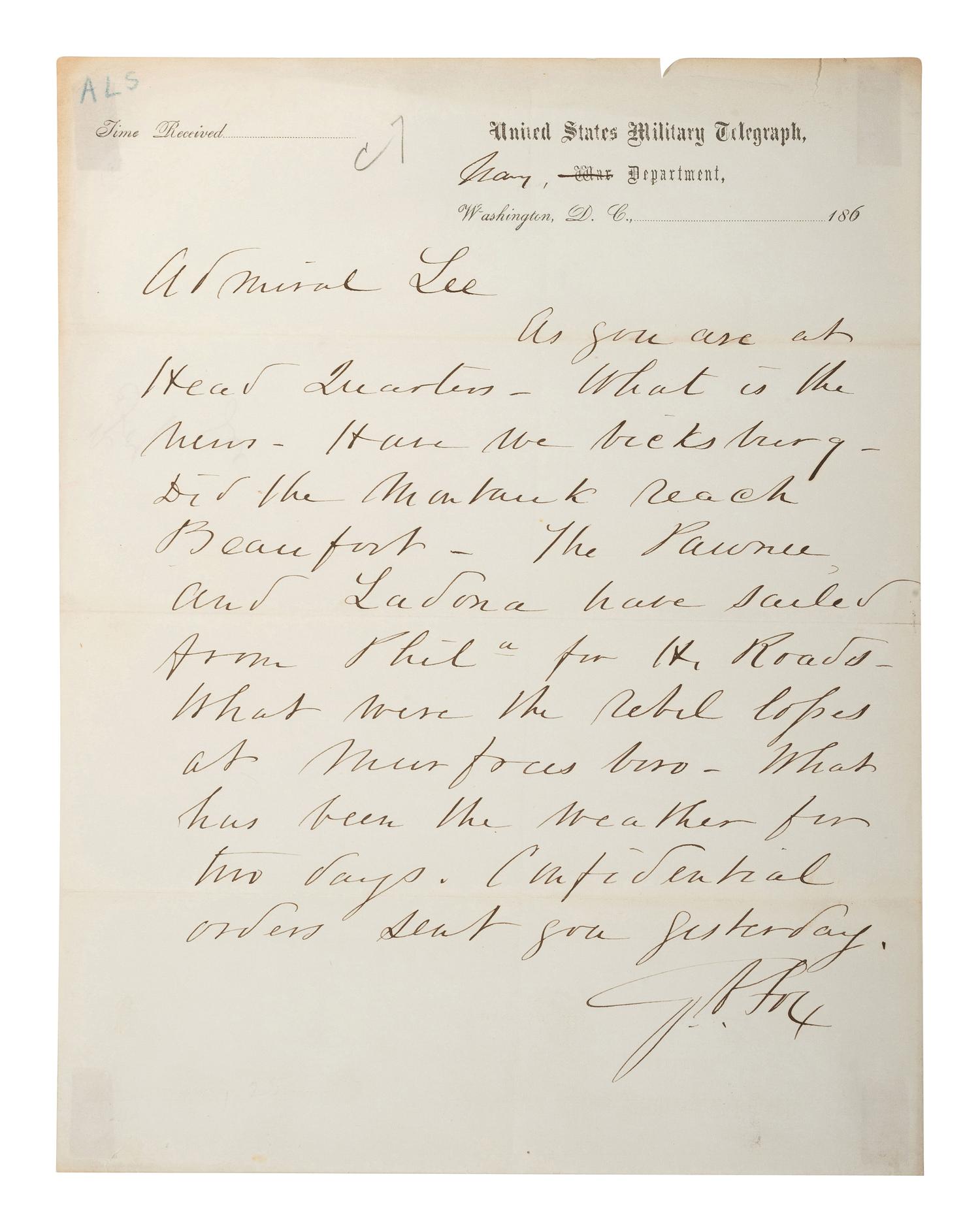 [CIVIL WAR - US NAVY]. LEE, Samuel Phillips (1812-1897). A group of 7 documents related to Rear Admiral Samuel P. Lee, incl. Vicksburg content and preparations for the Battle of Nashville.