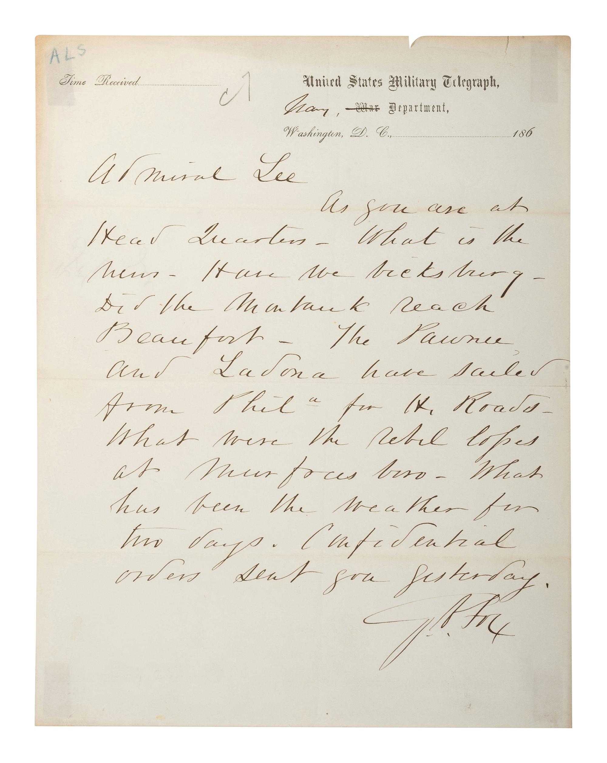 [CIVIL WAR - US NAVY]. LEE, Samuel Phillips (1812-1897). A group of 7 documents related to Rear Admiral Samuel P. Lee, incl. Vicksburg content and preparations for the Battle of Nashville.