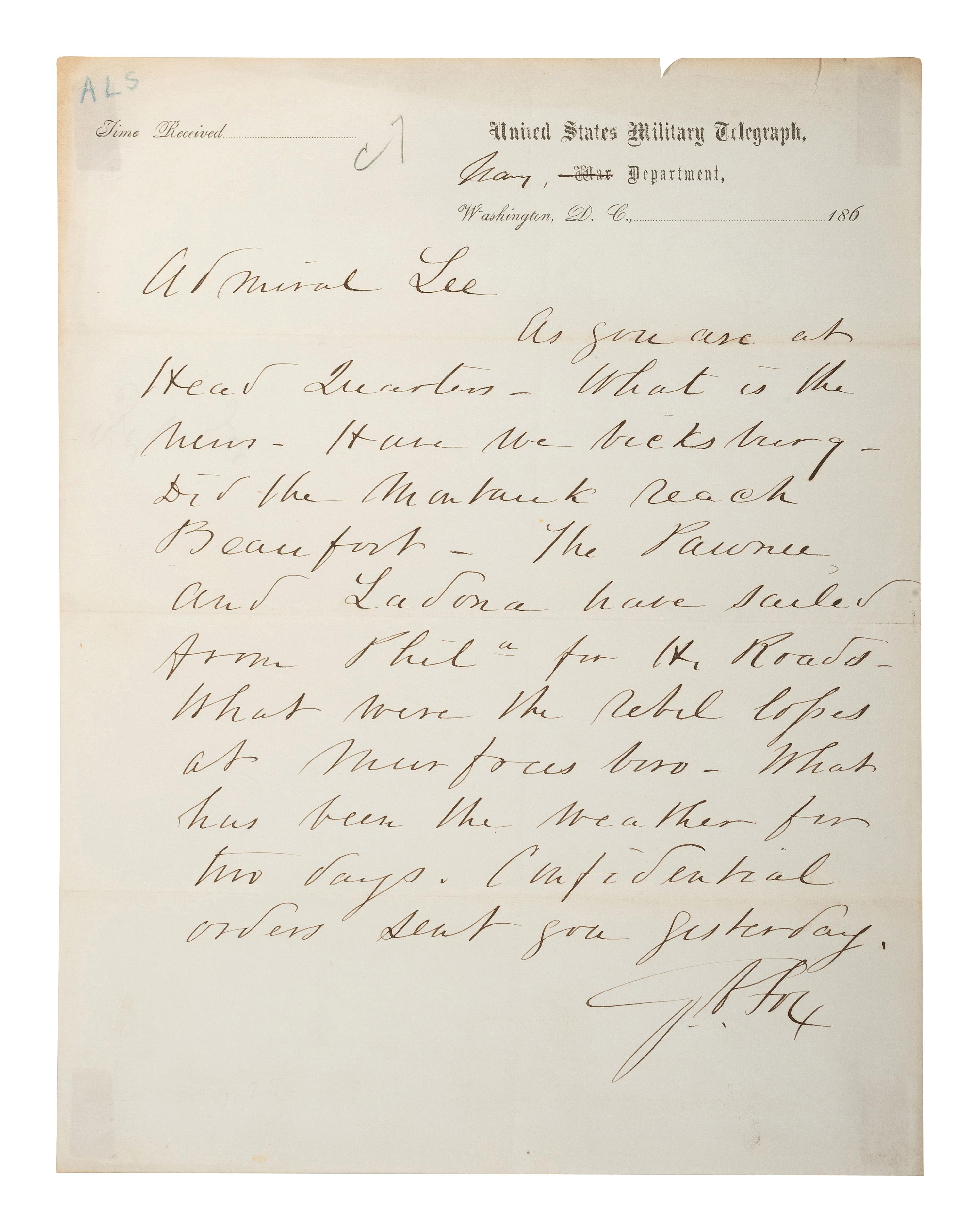 [CIVIL WAR - US NAVY]. LEE, Samuel Phillips (1812-1897). A group of 7 documents related to Rear Admiral Samuel P. Lee, incl. Vicksburg content and preparations for the Battle of Nashville.