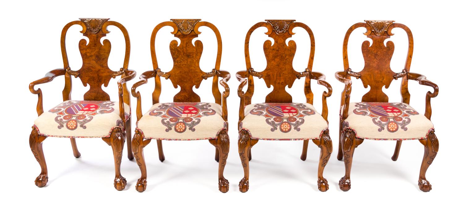 A Set of Four Queen Anne Style Burlwood Armchairs Height 42 inches. — BEVAN-FUNNELL, 20TH CENTURY