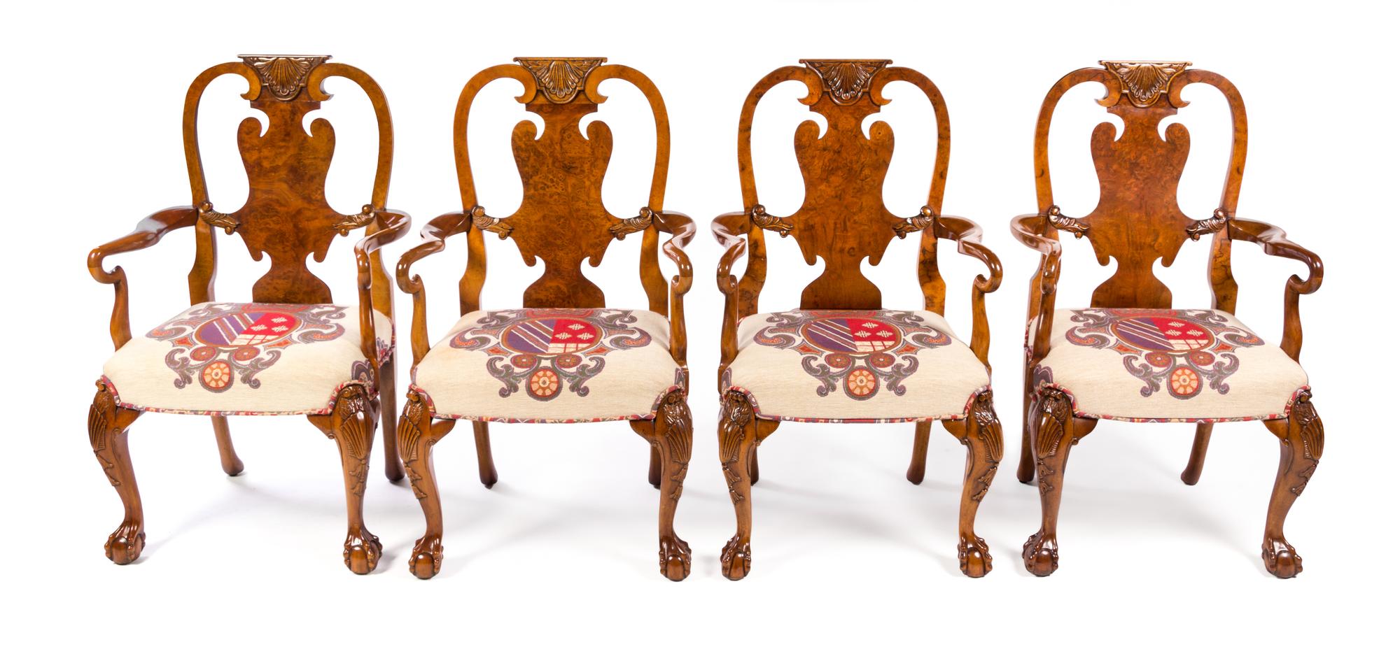 A Set of Four Queen Anne Style Burlwood Armchairs Height 42 inches. — BEVAN-FUNNELL, 20TH CENTURY