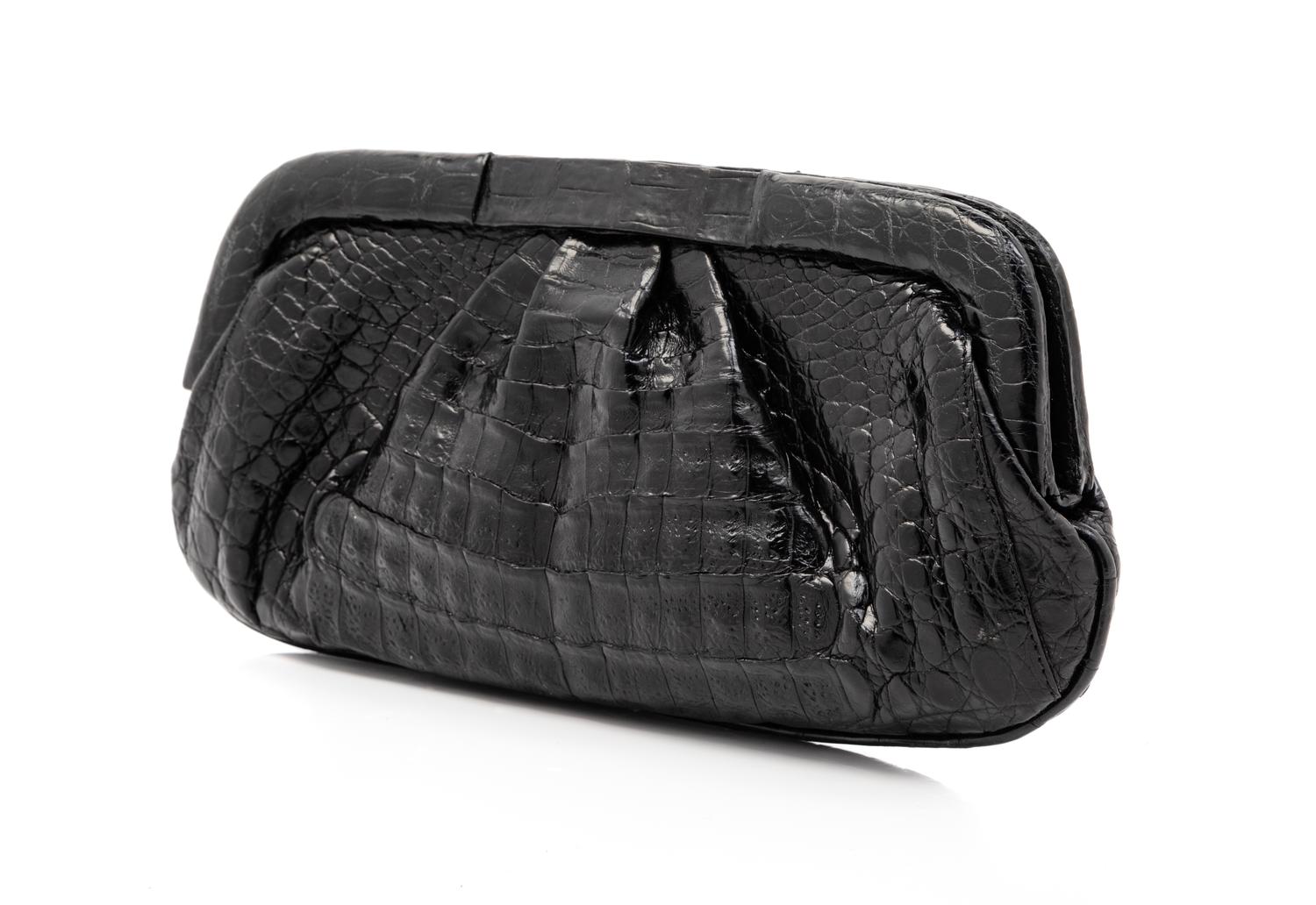 Nancy Gonzalez Black Crocodile Leather Clutch, 1980-90s
