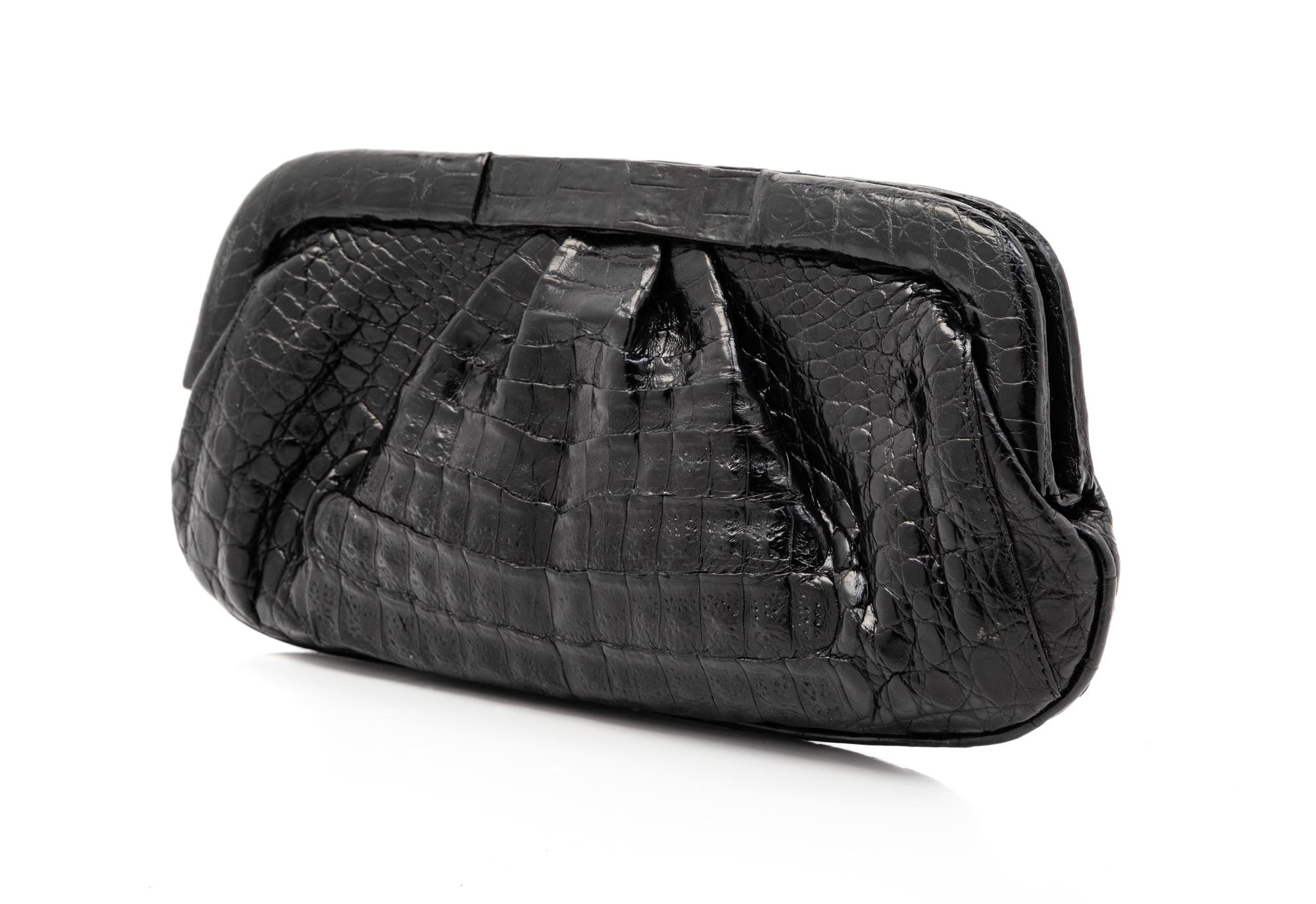 Nancy Gonzalez Black Crocodile Leather Clutch, 1980-90s
