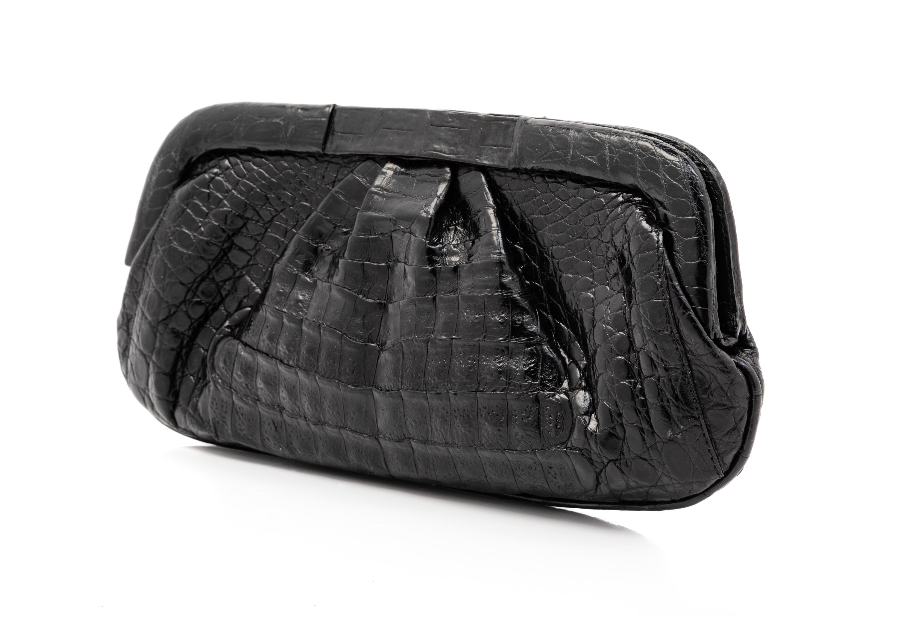 Nancy Gonzalez Black Crocodile Leather Clutch, 1980-90s
