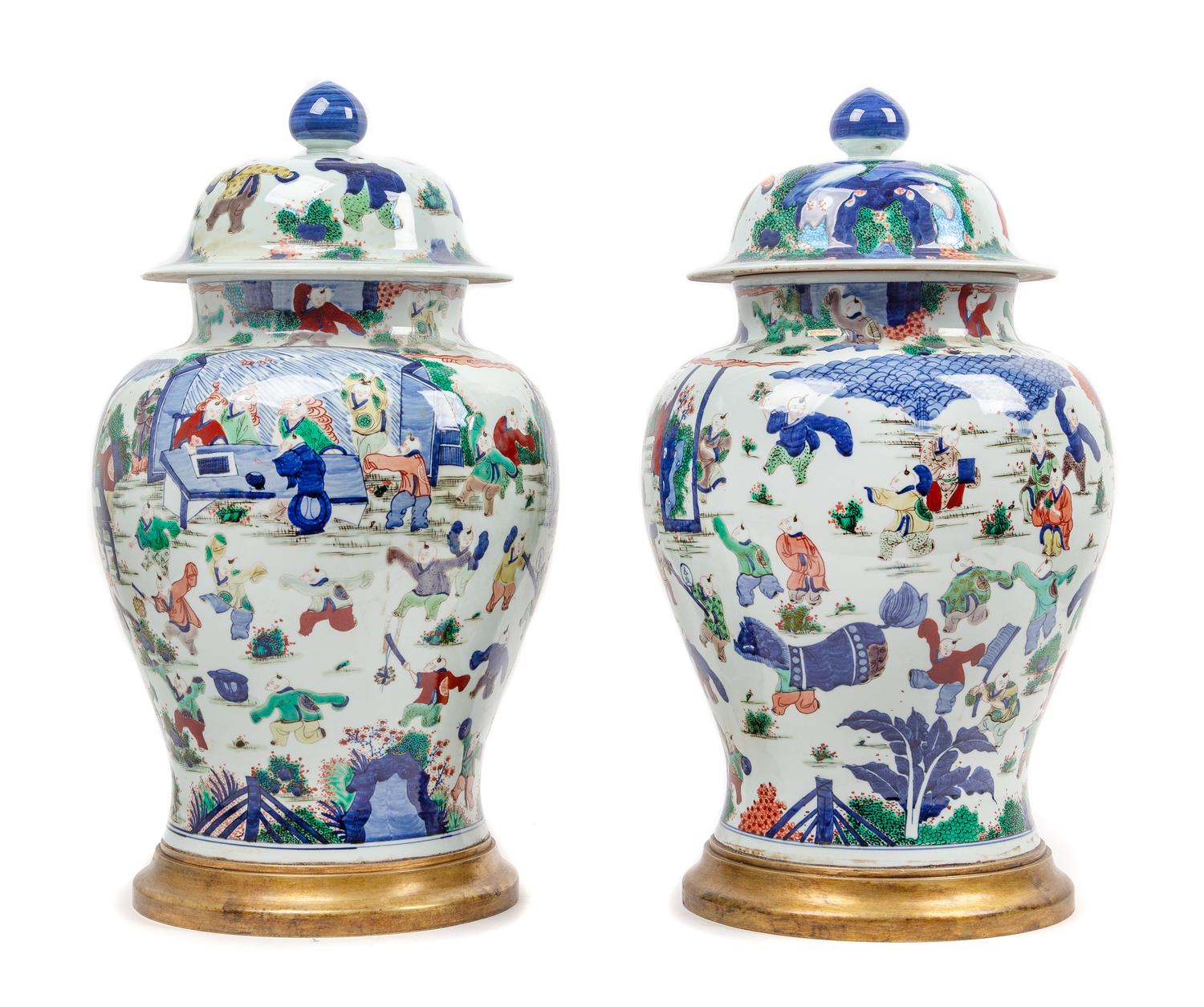 A Large Pair of Chinese Wucai Porcelain Covered Jars Height 27 inches. — 20TH CENTURY