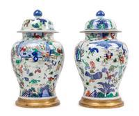A Large Pair of Chinese Wucai Porcelain Covered Jars Height 27 inches. — 20TH CENTURY