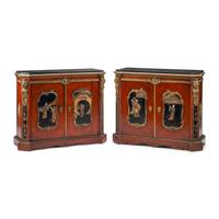 A Pair of Louis XV Style Burl Walnut Lacquer-Inset and Gilt Bronze Mounted Cabinets
