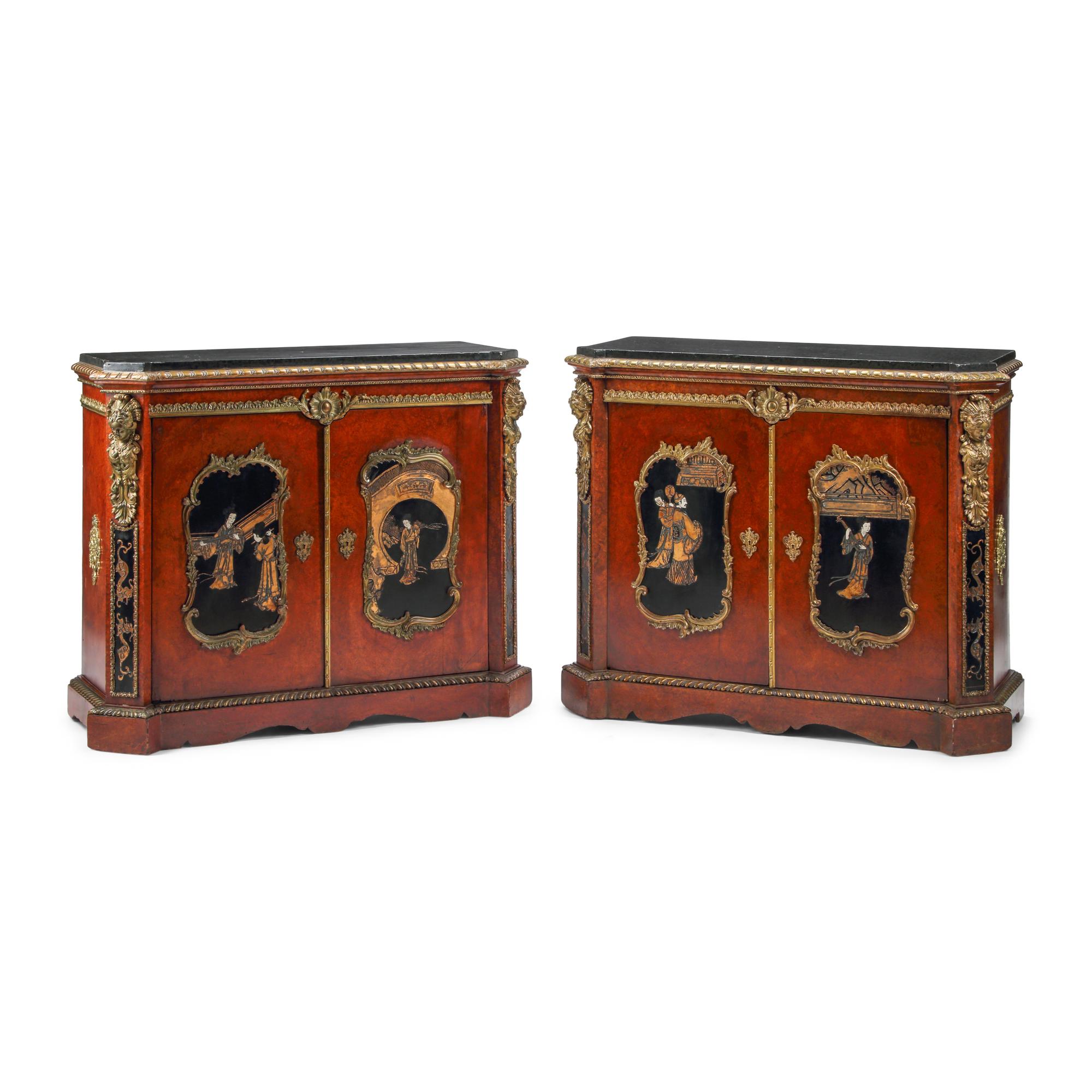 A Pair of Louis XV Style Burl Walnut Lacquer-Inset and Gilt Bronze Mounted Cabinets
