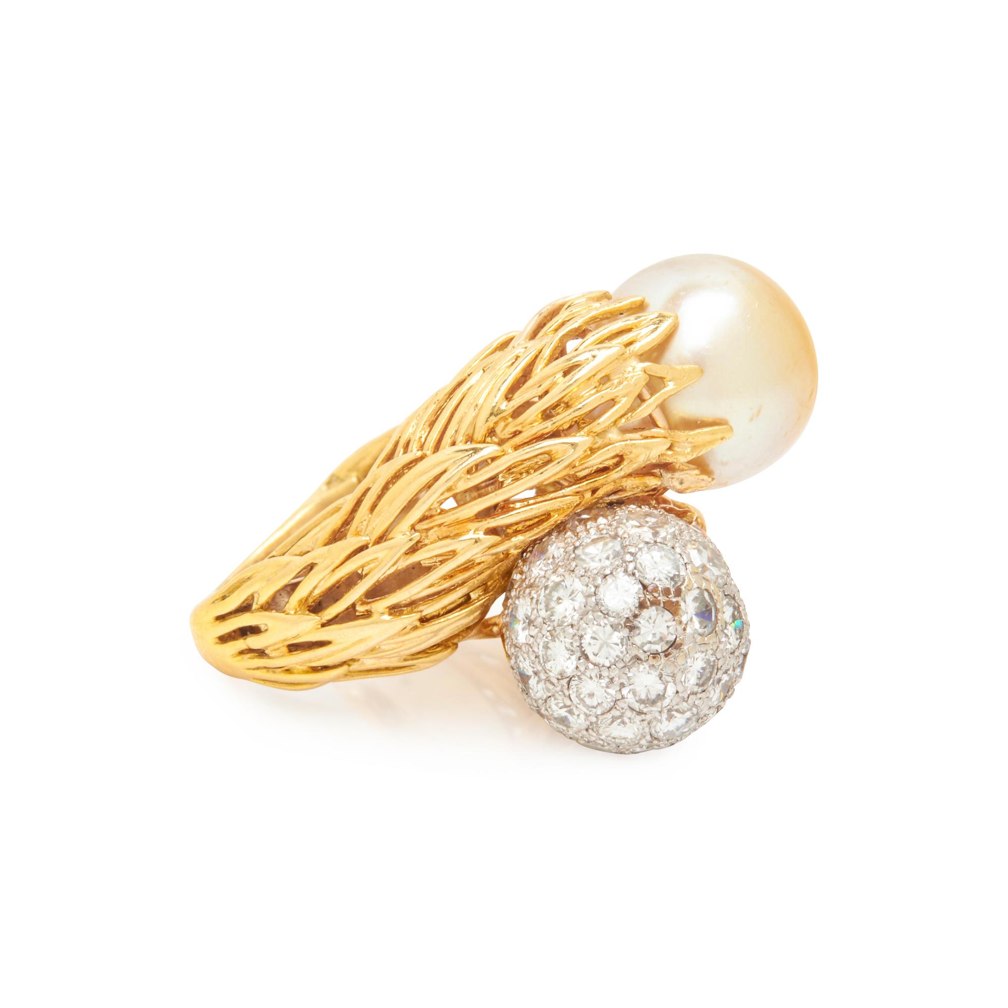 CULTURED PEARL AND DIAMOND BYPASS RING