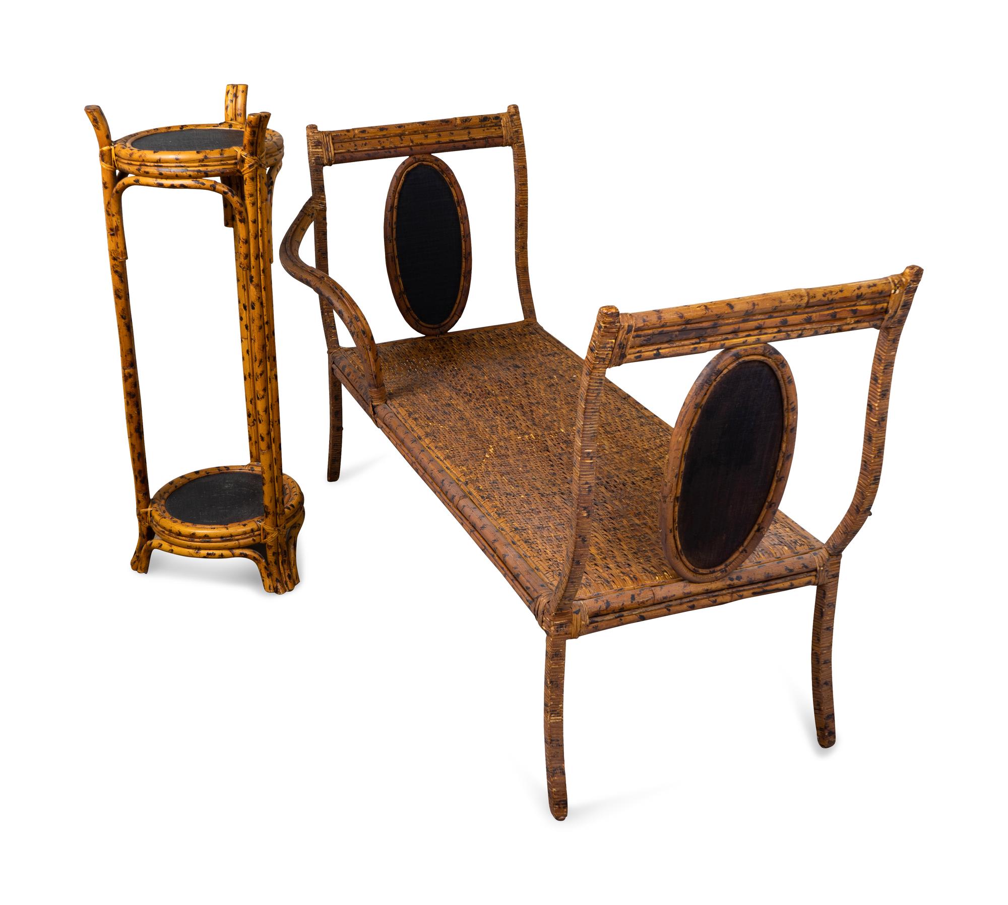A Victorian Grain-Painted Bamboo and Cane Work Bench and Jardiniere Stand — 19TH/20TH CENTURY