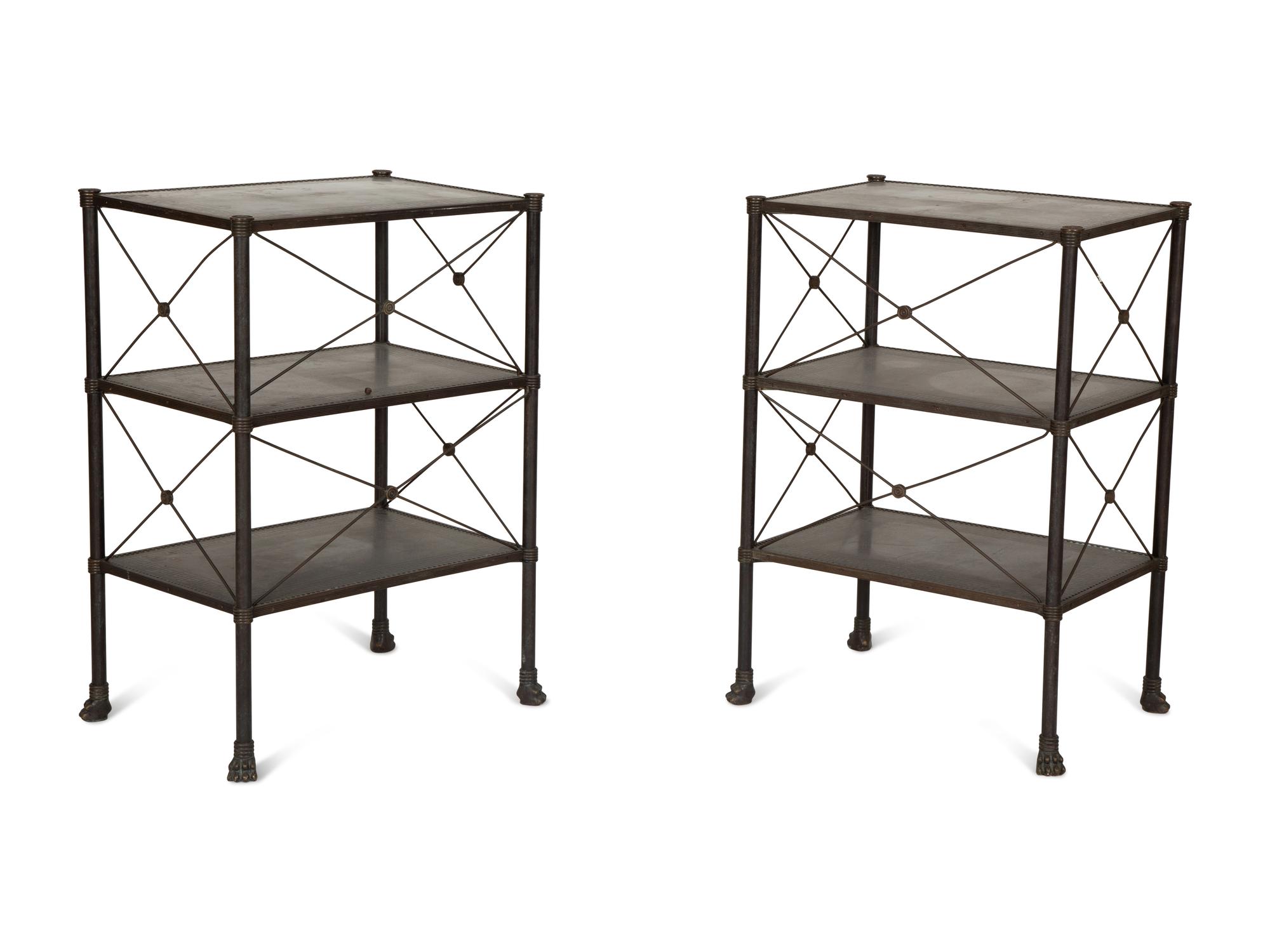 A Pair of French Brass Mounted Black Tole Shelves in the Manner of Maison Jansen — 20th Century