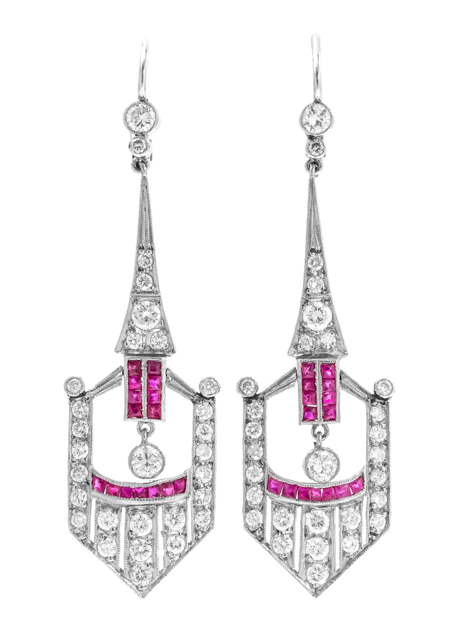 A Pair of Platinum, Yellow Gold, Ruby, and Diamond Earrings, 5.10 dwts.