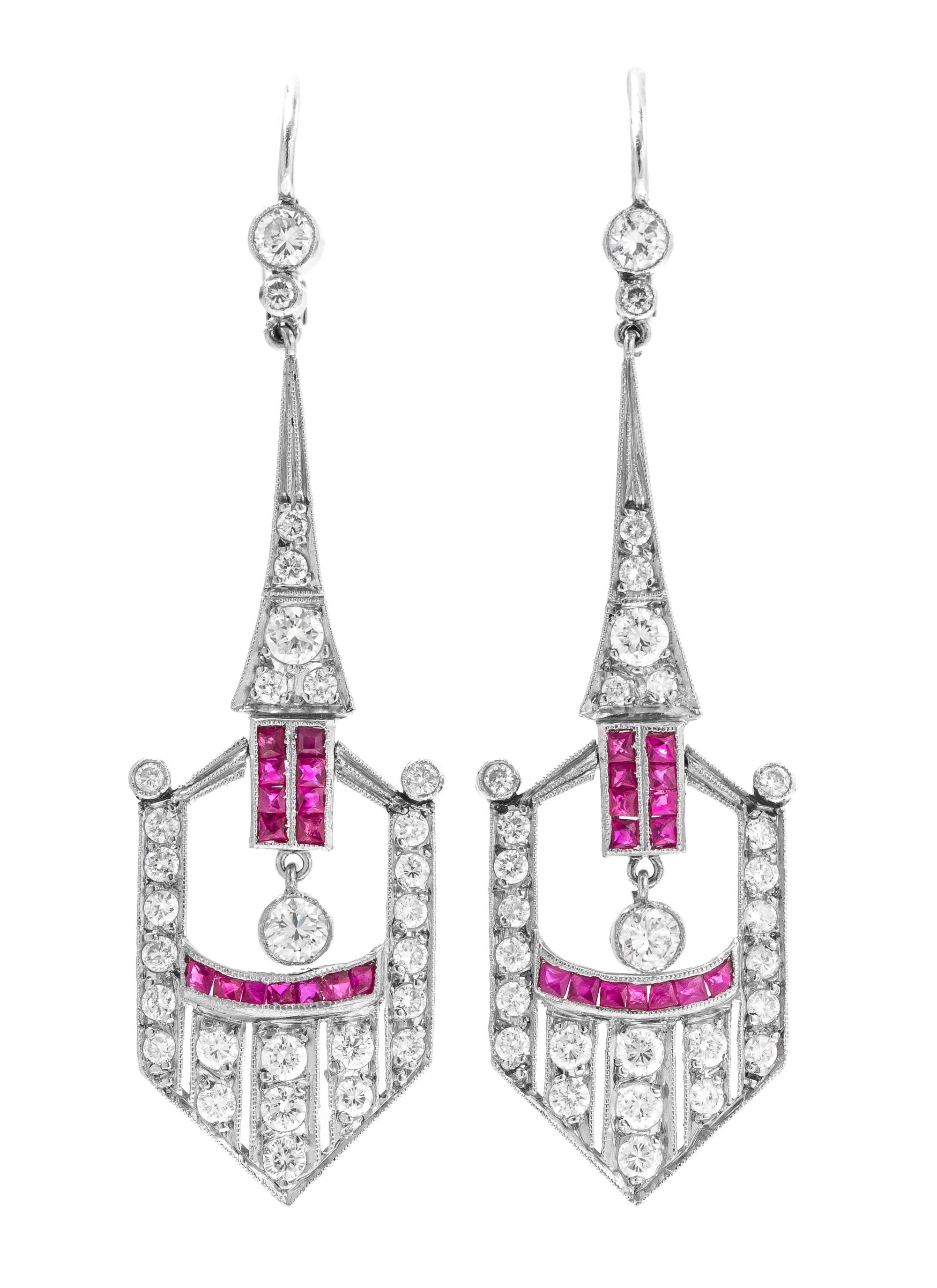 A Pair of Platinum, Yellow Gold, Ruby, and Diamond Earrings, 5.10 dwts.