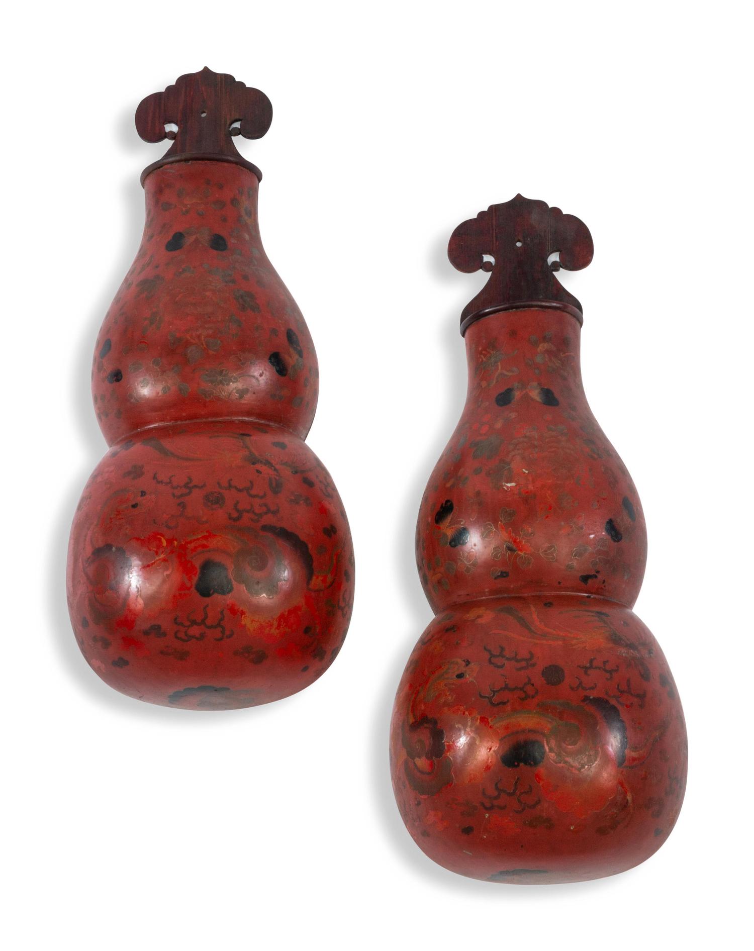 A Pair of Chinese Painted Red Lacquer Panels