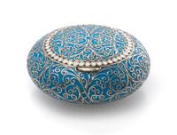 A Russian Enameled Silver Snuff Box, Maker's mark GK, Moscow, late 19th/early 20th century, of circular form, having a light blue ename