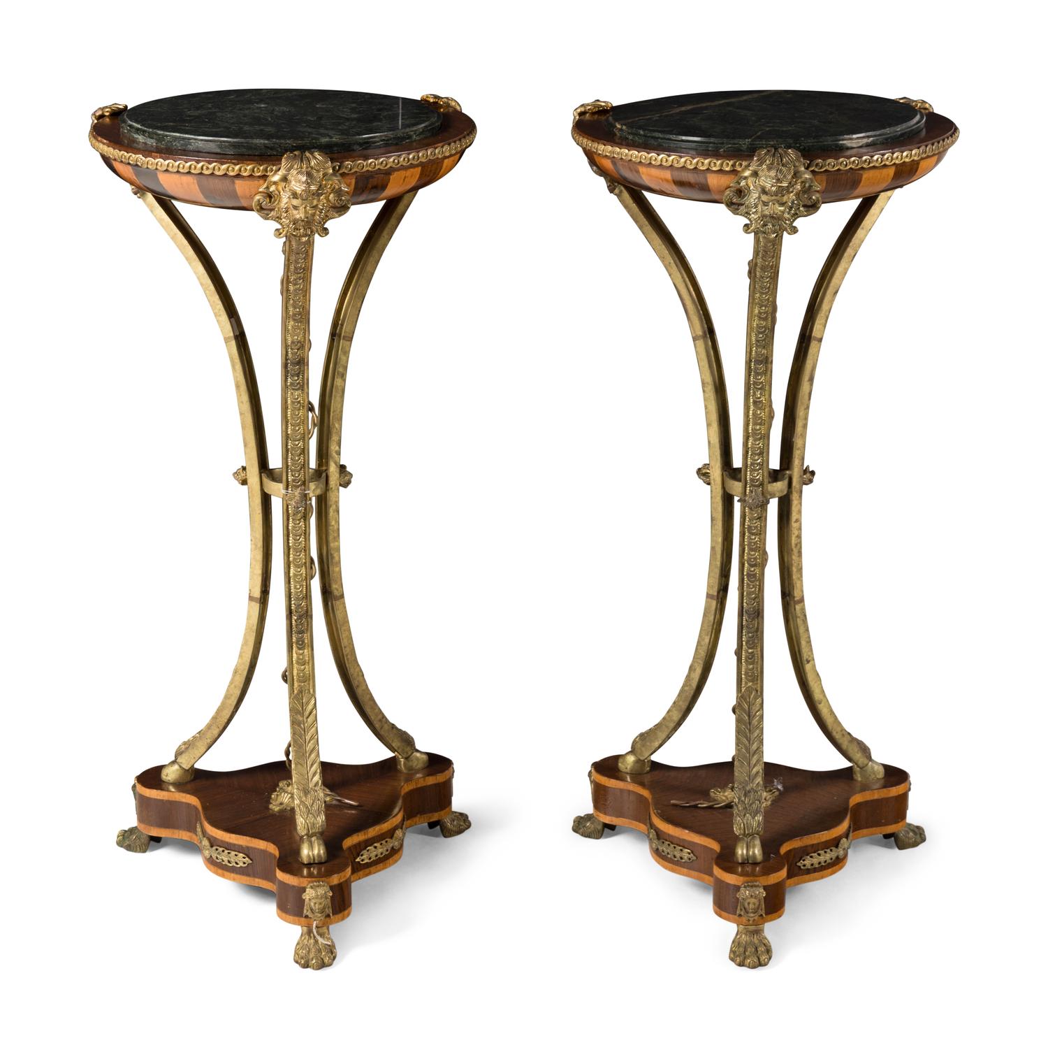 A Pair of Louis XVI Style Gilt Bronze Mounted Fruitwood Marble-Top Pedestal Tables