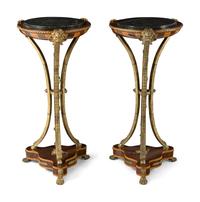 A Pair of Louis XVI Style Gilt Bronze Mounted Fruitwood Marble-Top Pedestal Tables
