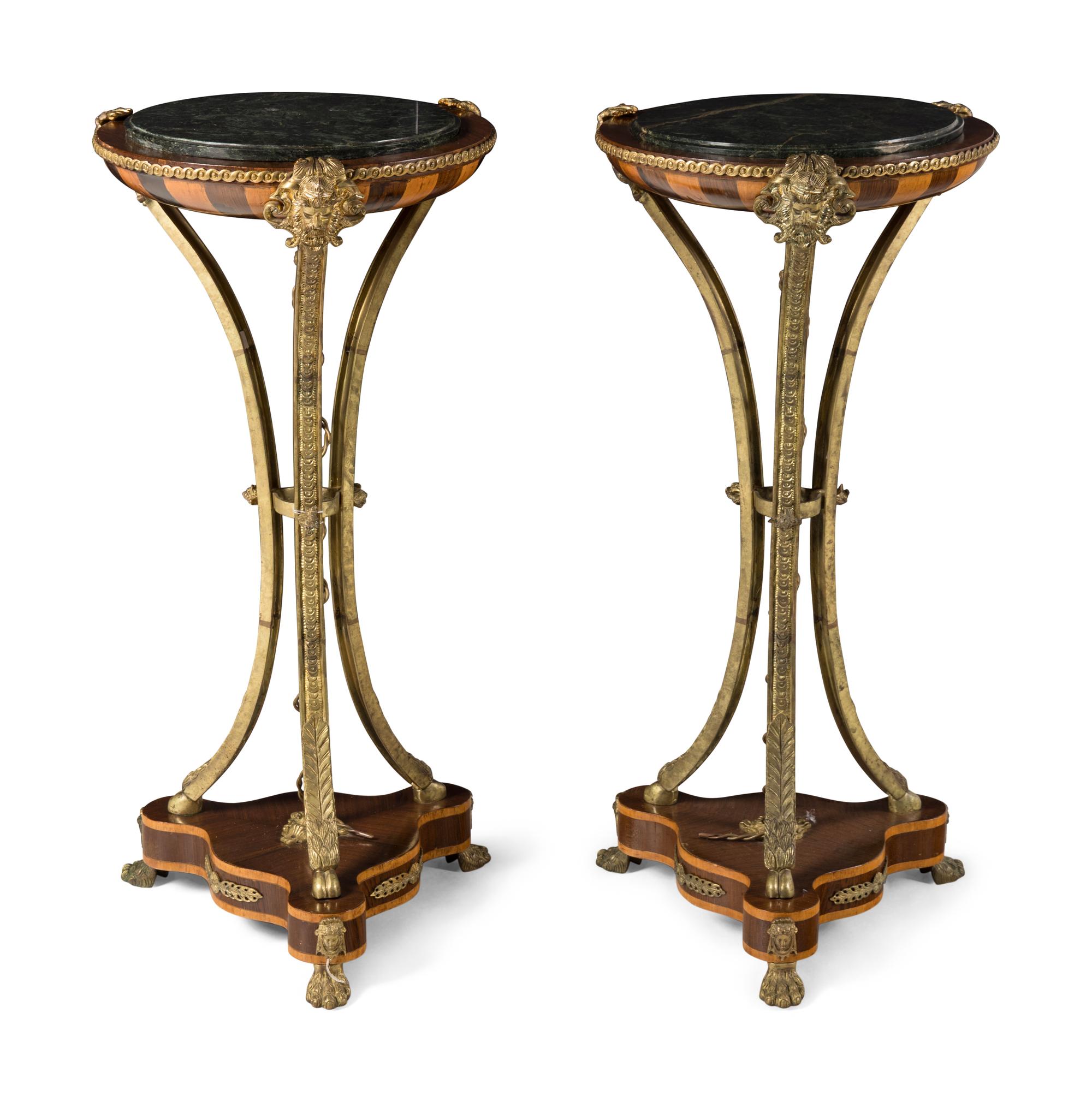 A Pair of Louis XVI Style Gilt Bronze Mounted Fruitwood Marble-Top Pedestal Tables