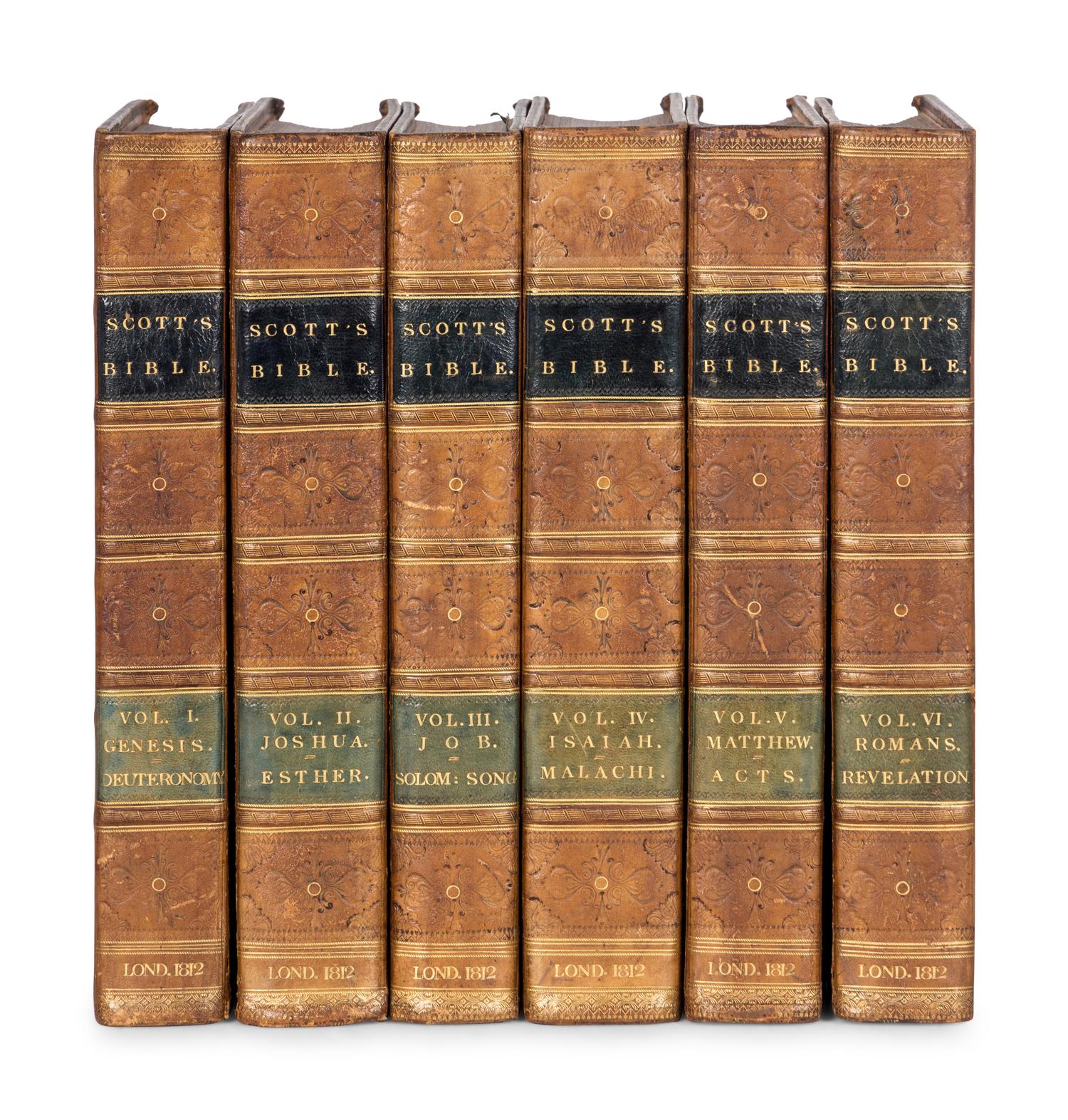[BIBLE, in English]. The Holy Bible, Containing the Old and New Testaments, According to the Publick Version: with explanatory notes, practical observations and copious marginal references by Thomas Scott. London: C. Baldwin for Seeley et al, 1812-1814.
