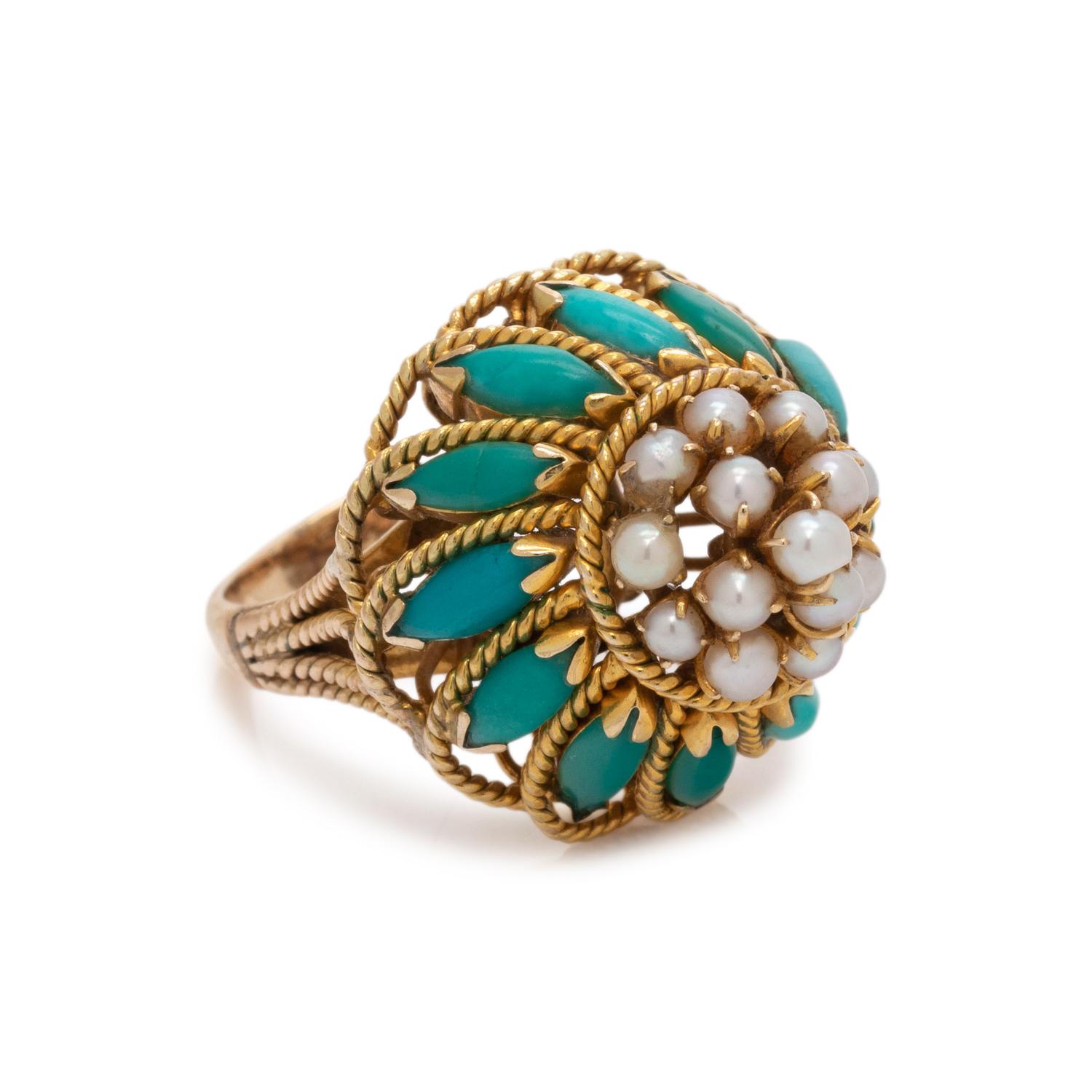 SYNTHETIC TURQUOISE AND SEED PEARL RING