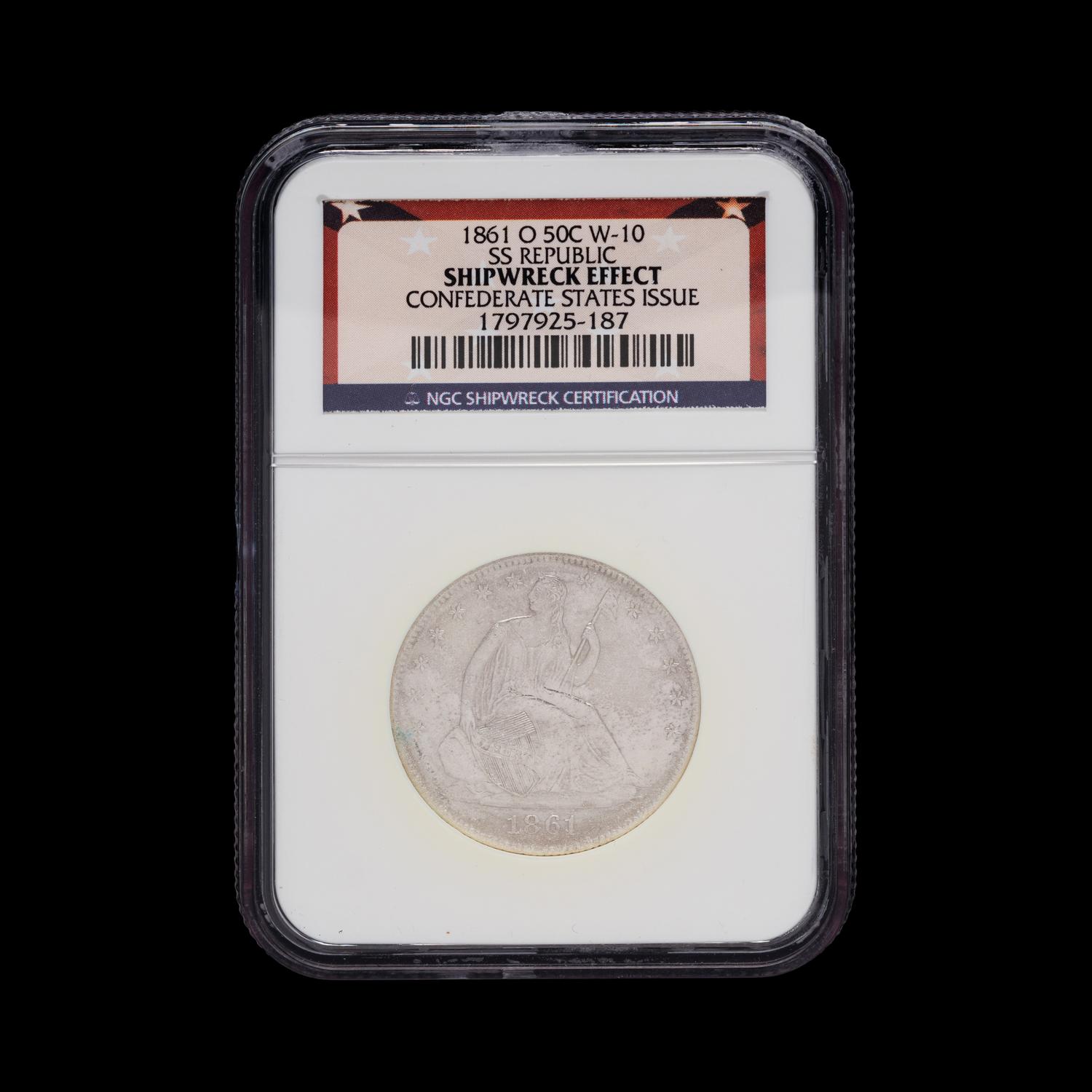 An 1861-O Confederate States Issue Seated Liberty: SS Republic 50c Coin (NGC Shipwreck Effect)