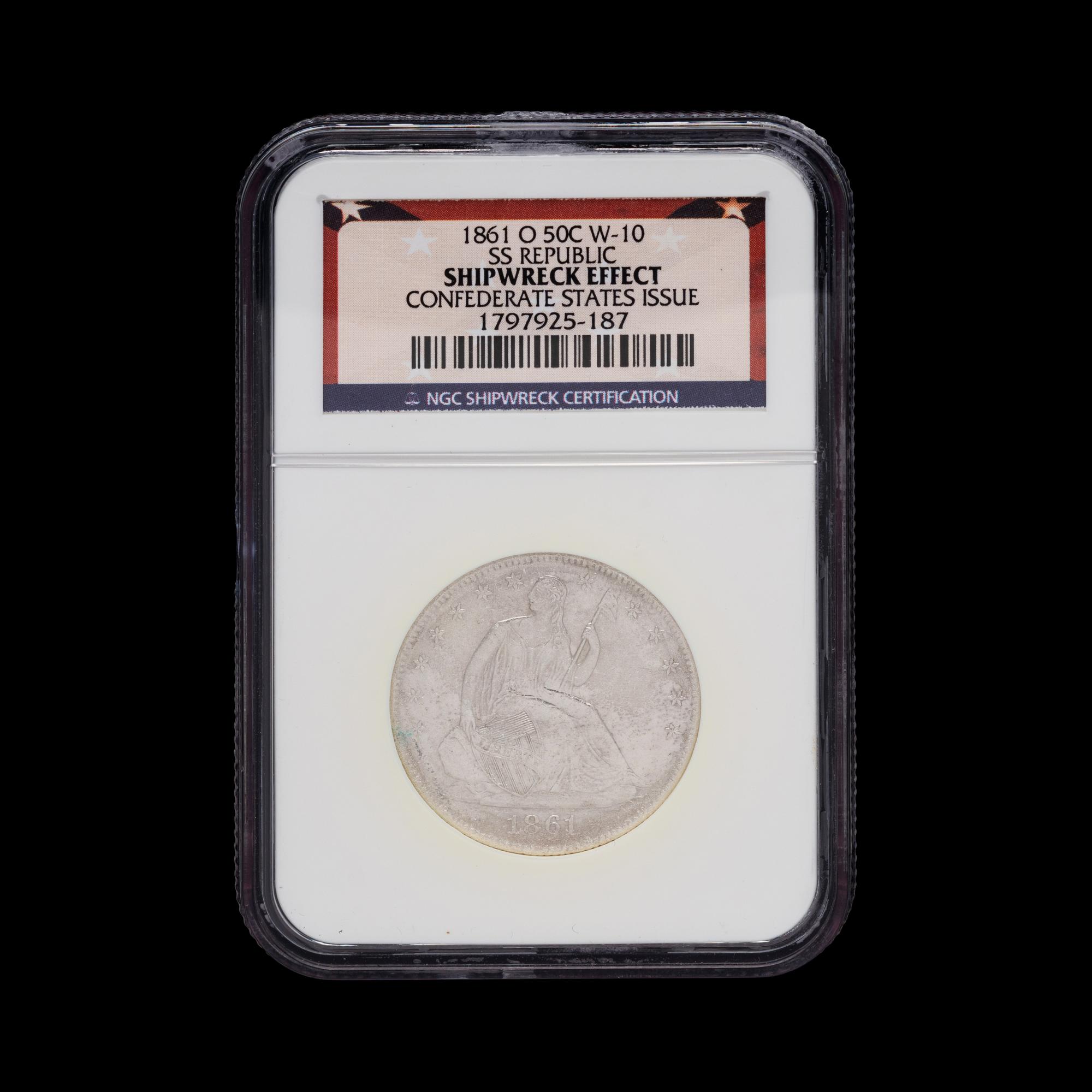 An 1861-O Confederate States Issue Seated Liberty: SS Republic 50c Coin (NGC Shipwreck Effect)